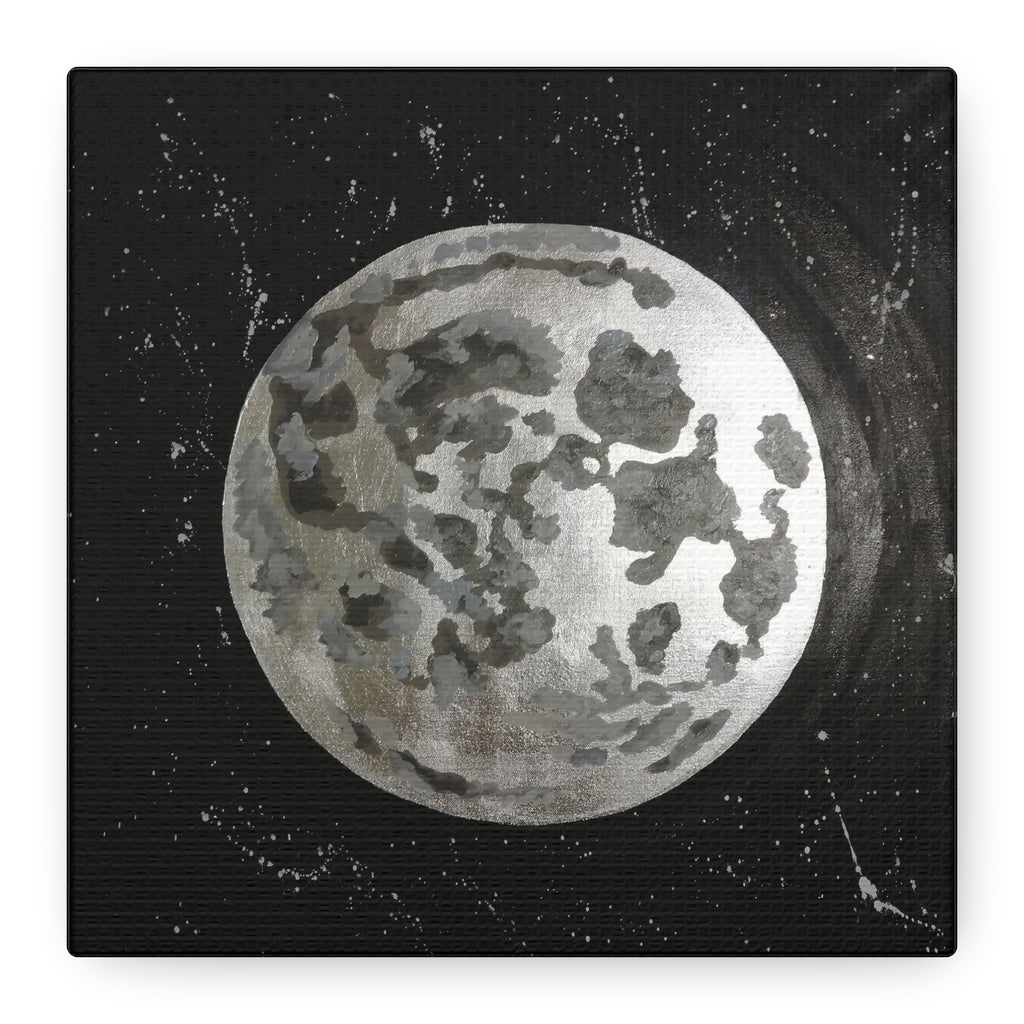 Lunar Moon Canvas Print — Watercolor Moon Art on Black Starry Background 