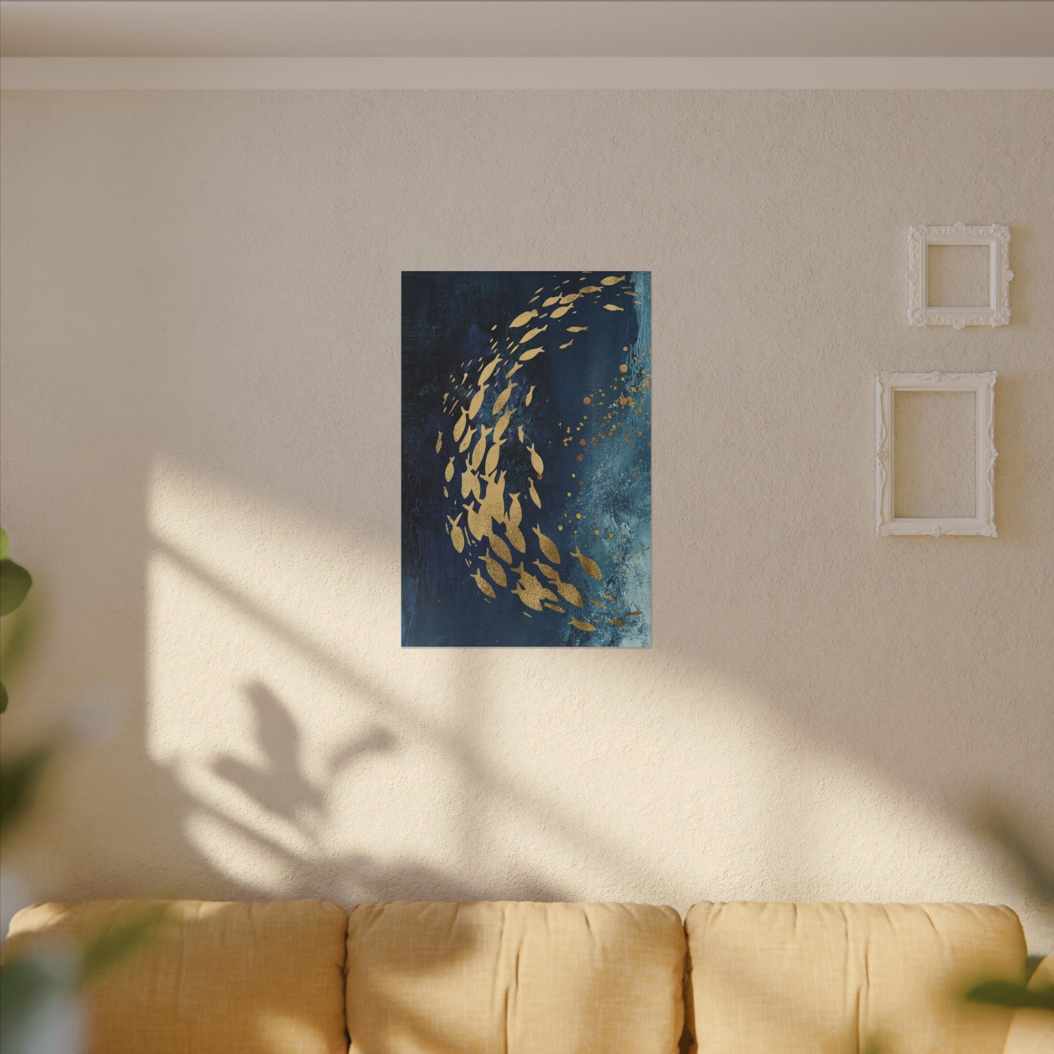 Abstract Gold Fish Canvas — Navy Ocean Wall Art (Matte Stretched)