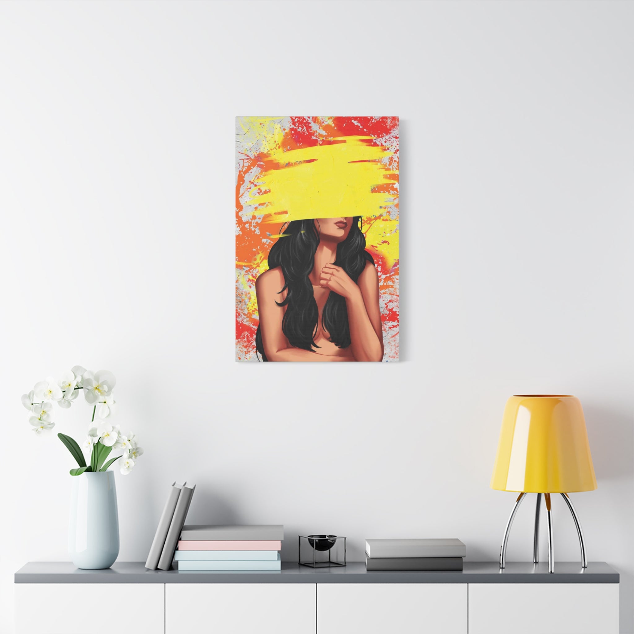 Abstract Femme Nude Canvas Art – Yellow Paint Stroke Portrait 