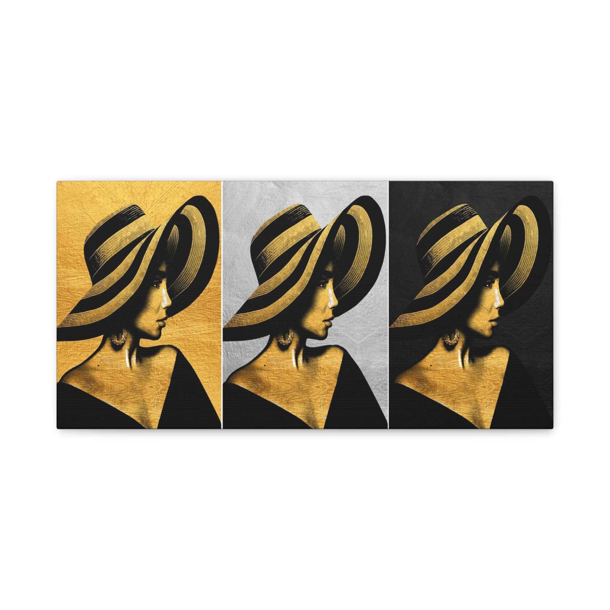 Golden Fashion Woman Portrait Triptych Canvas Wall Art – Luxury Decor