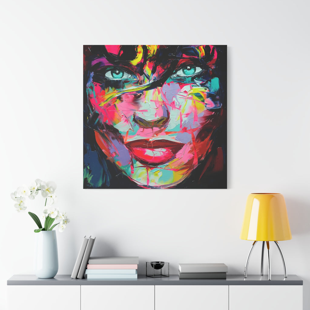 Colorful Abstract Portrait Canvas Print — Neon Female Face Matte Stretched Wall Art