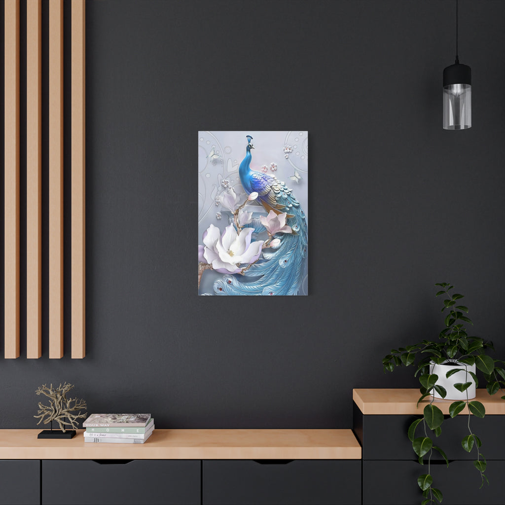 Blue Peacock Floral Canvas Wall Art — Matte Stretched 1.25" 