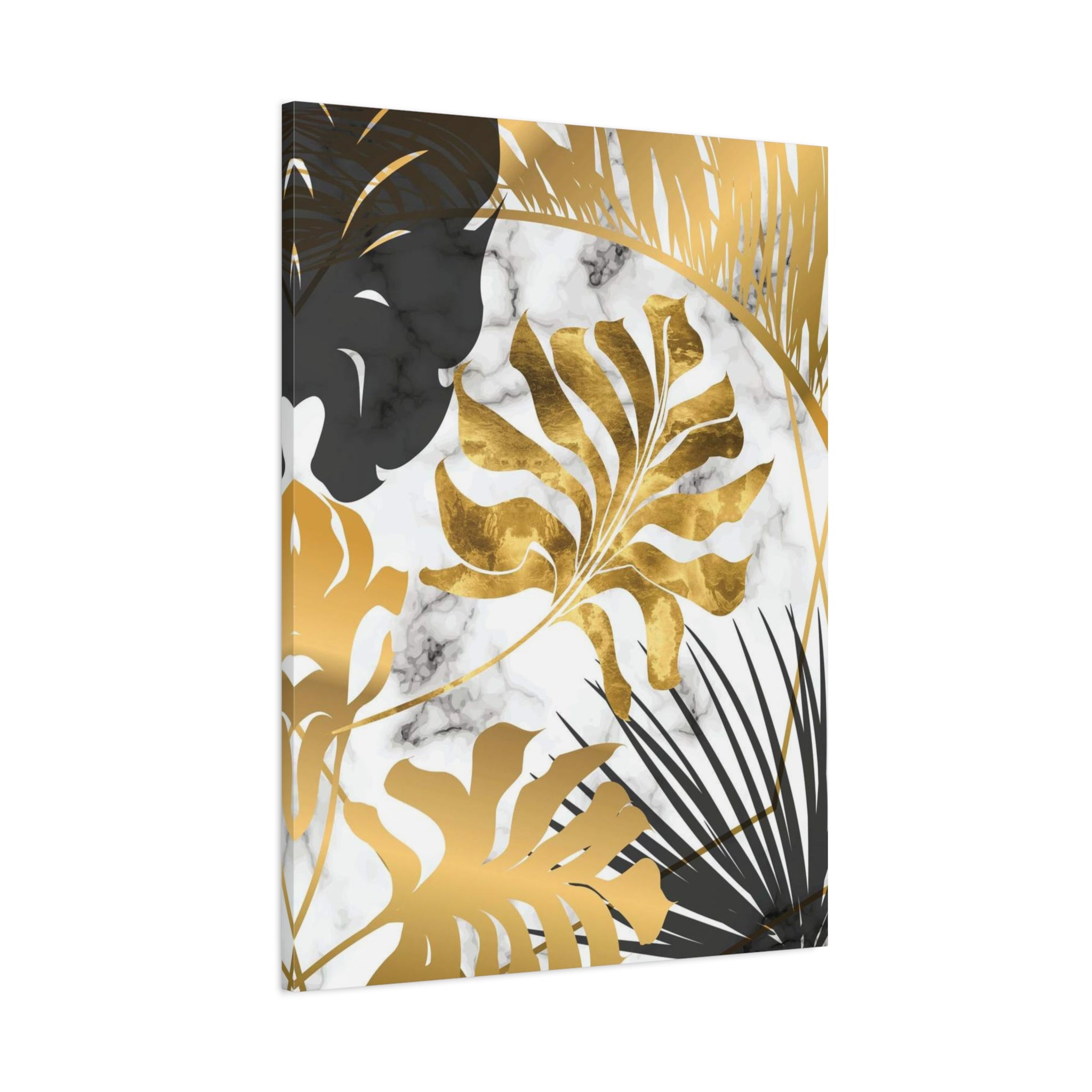 Gold & Black Tropical Leaves Canvas Wall Art — Modern Marble Botanical Print 