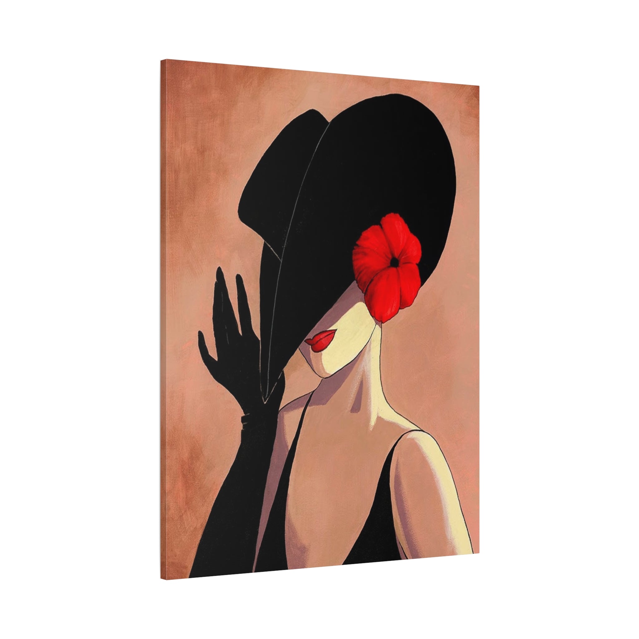 Elegant Lady with Black Hat Canvas Art — Red Flower Portrait 