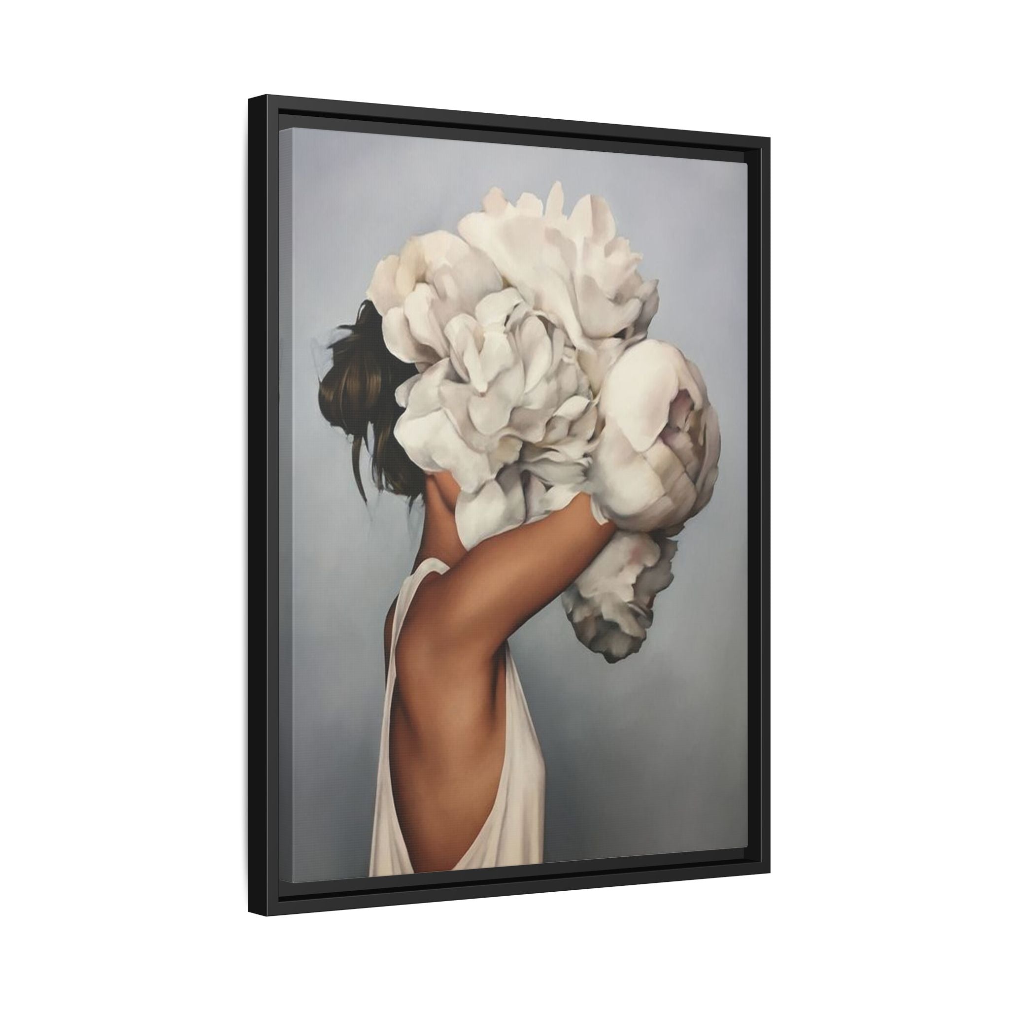 Framed Matte Canvas Art — Woman with Oversized White Peonies (Neutral Floral Wall Decor) 