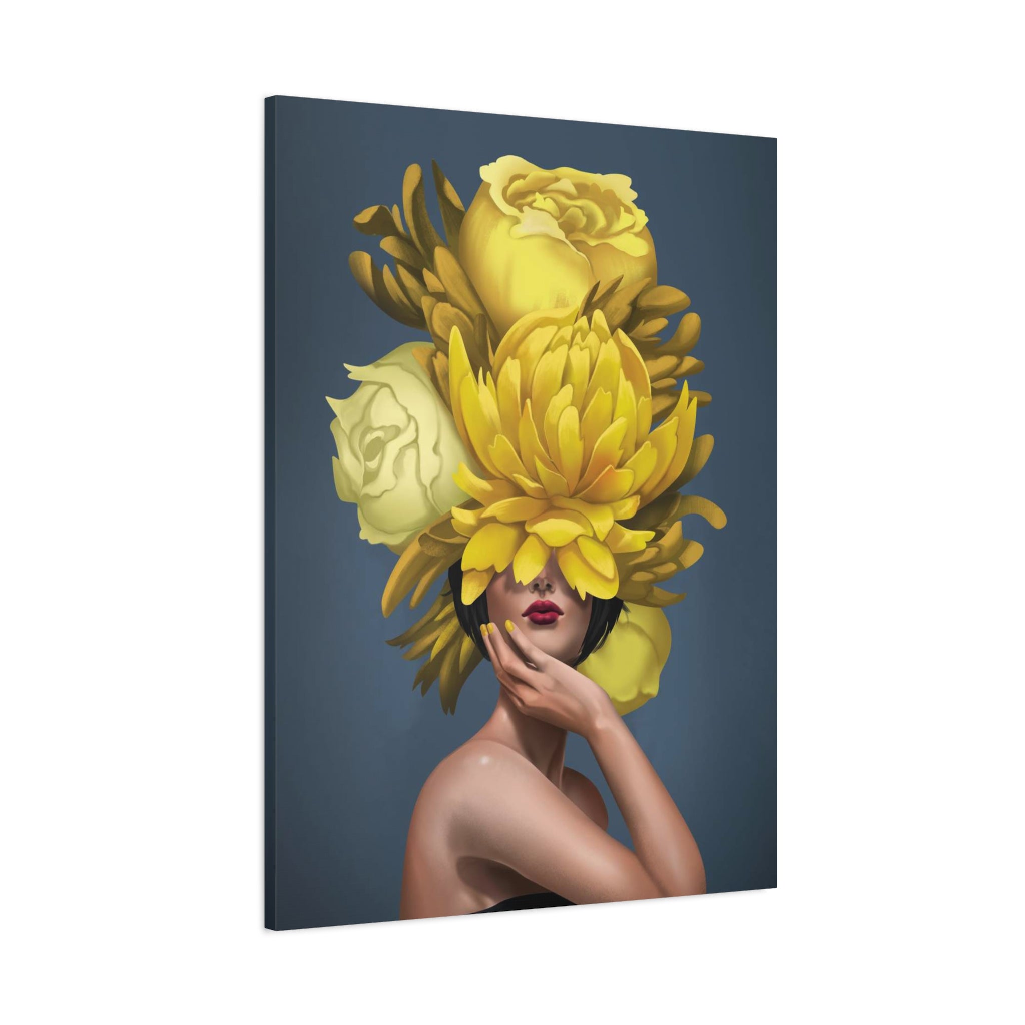 Yellow Floral Femme Canvas Wall Art — Modern Portrait with Giant Flowers 
