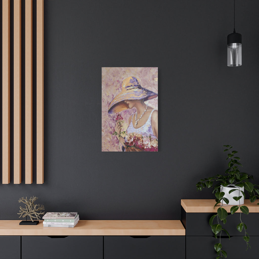 Floral Lady in Wide Brim Hat — Matte Stretched Canvas Wall Art