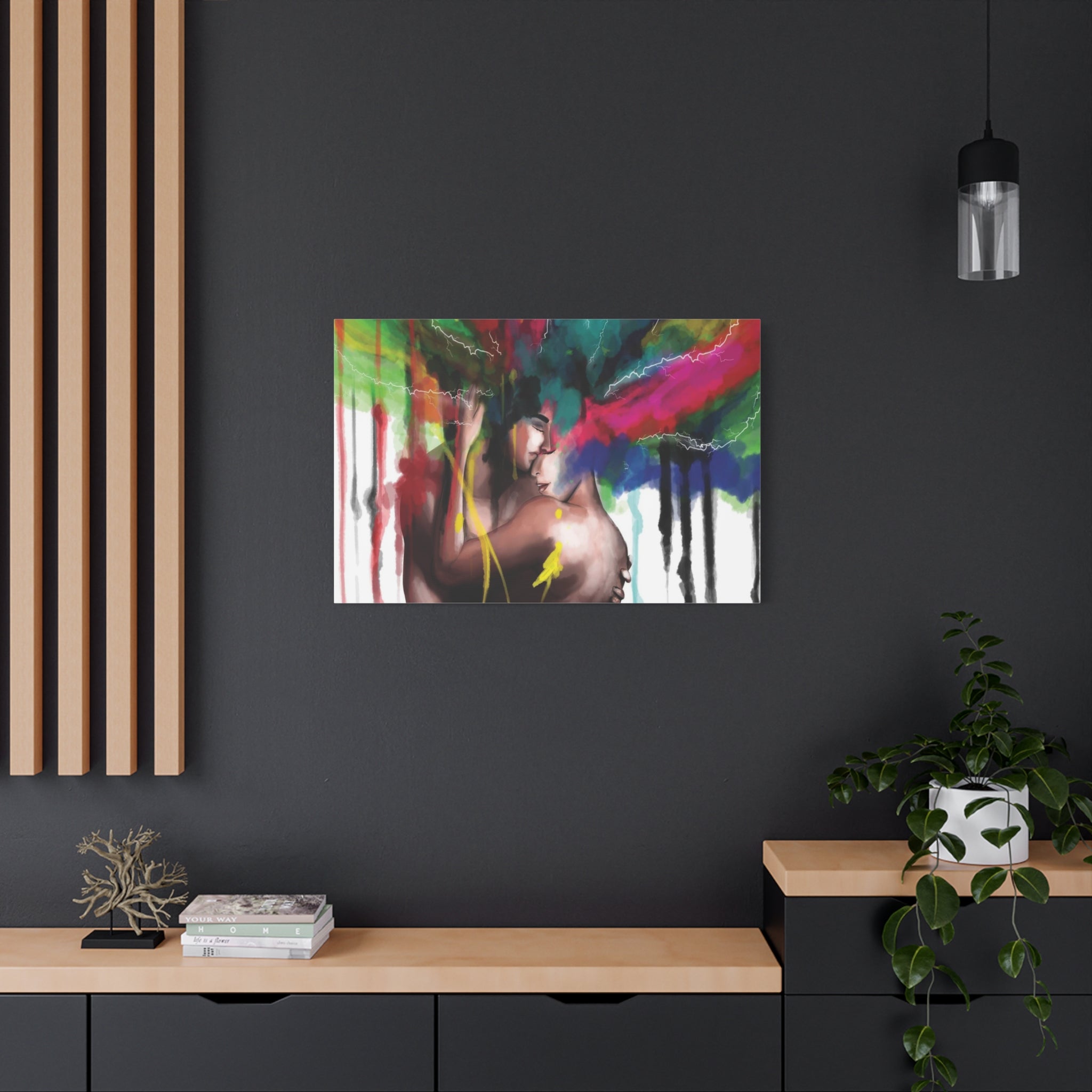 Abstract Rainbow Embrace Matte Canvas Wall Art — Colorful Couple Painting 