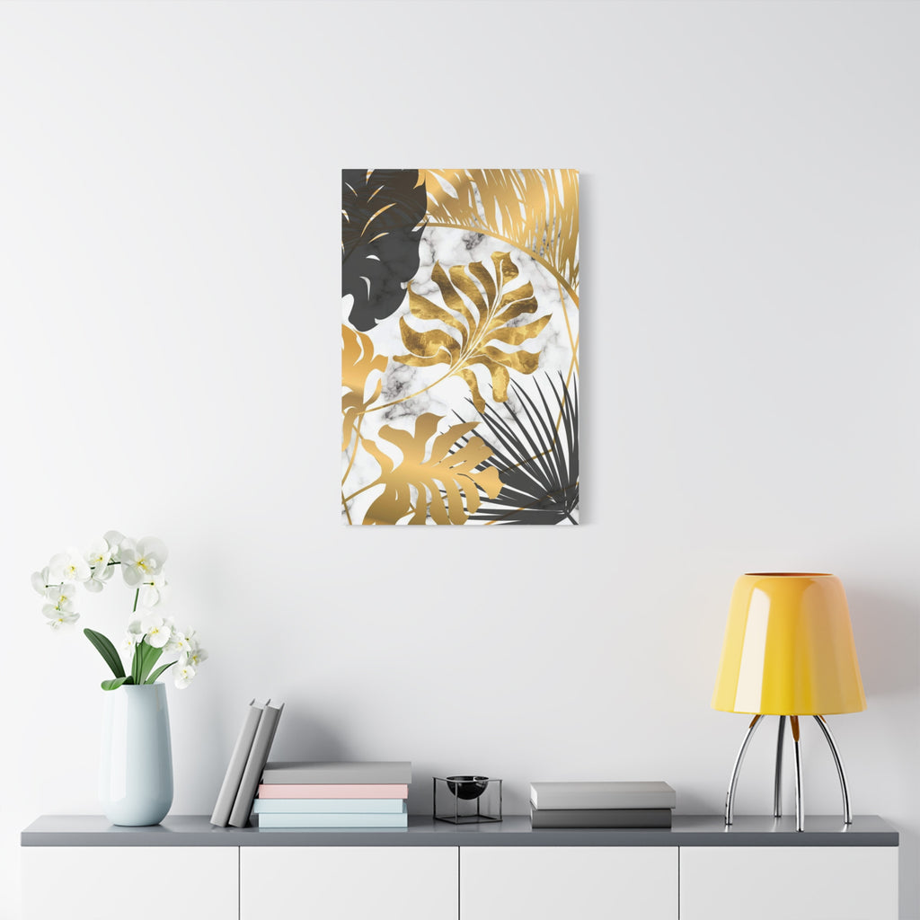 Gold & Black Tropical Leaves Canvas Wall Art — Modern Marble Botanical Print 