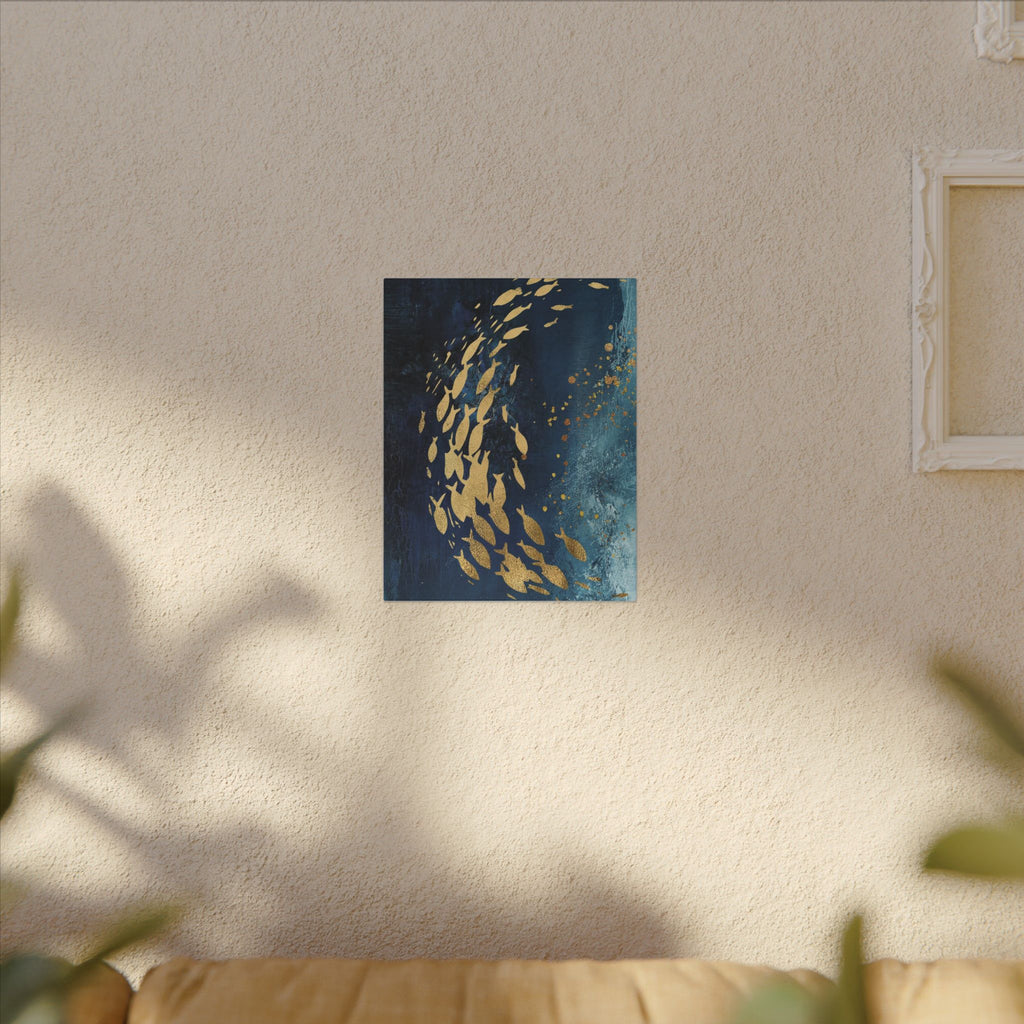 Abstract Gold Fish Canvas — Navy Ocean Wall Art (Matte Stretched)