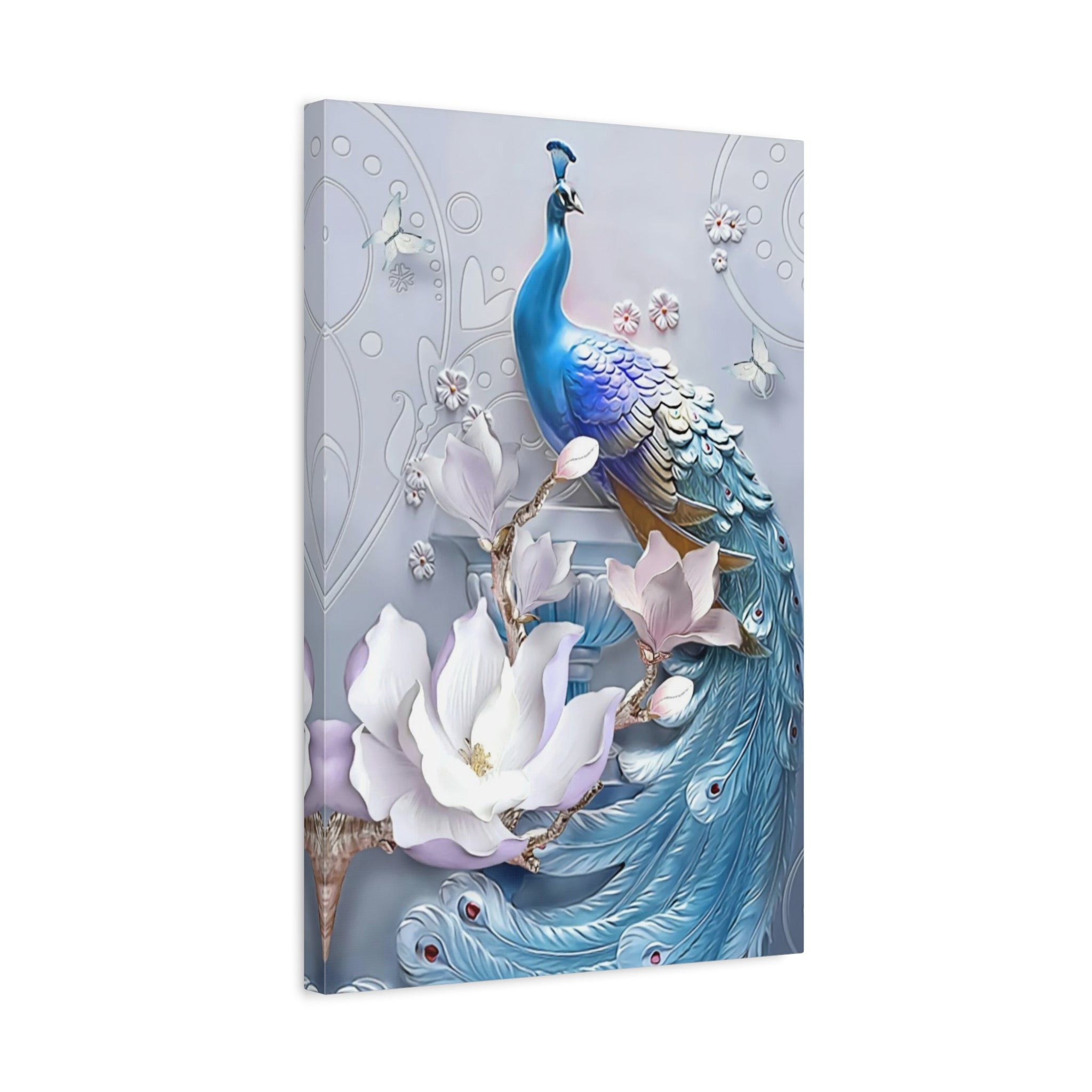 Blue Peacock Floral Canvas Wall Art — Matte Stretched 1.25" 