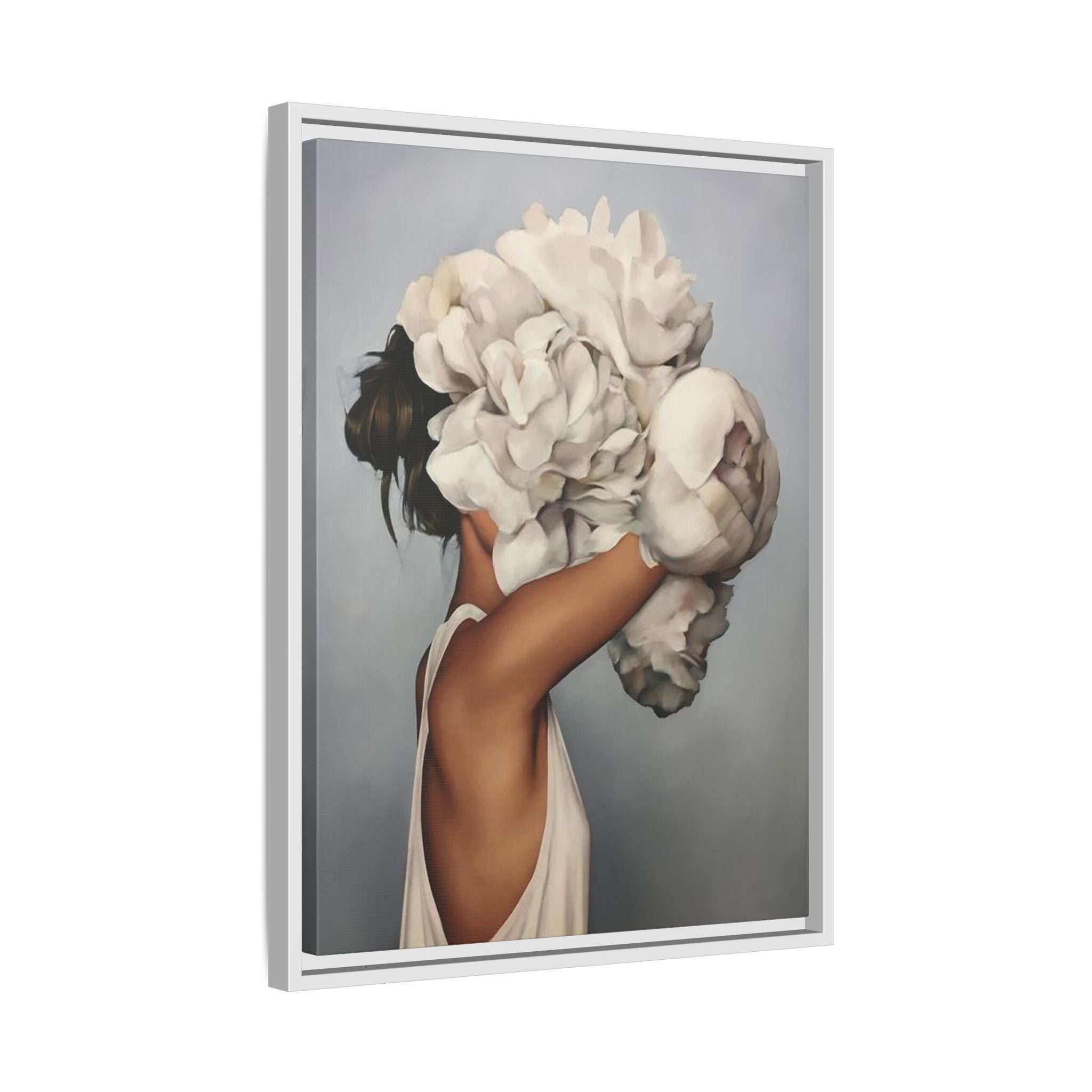 Framed Matte Canvas Art — Woman with Oversized White Peonies (Neutral Floral Wall Decor)
