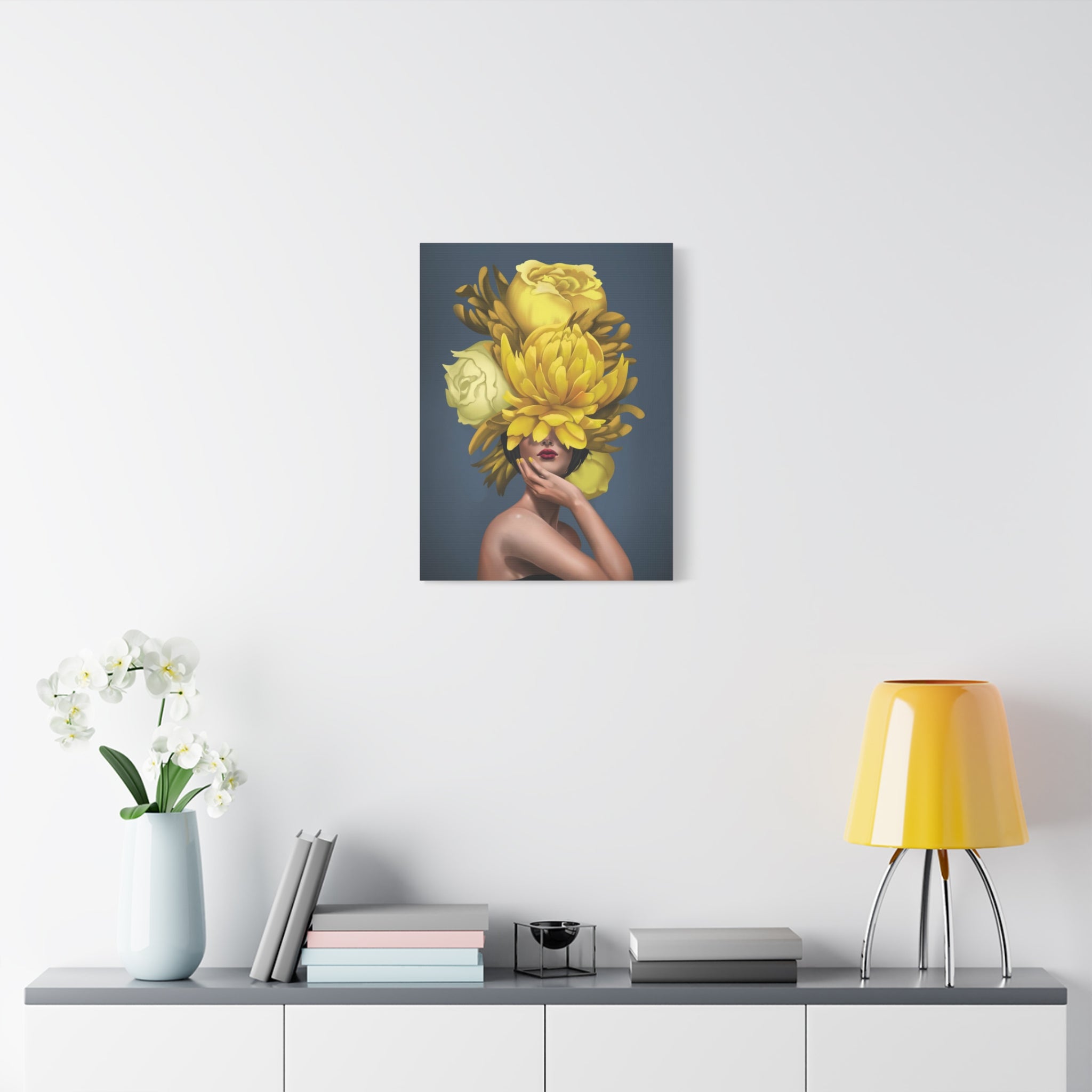 Yellow Floral Femme Canvas Wall Art — Modern Portrait with Giant Flowers 