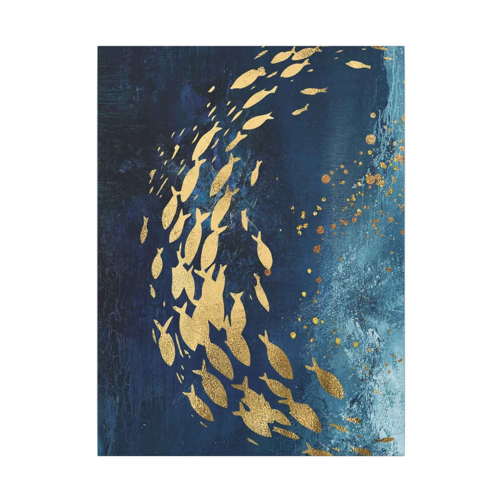 Abstract Gold Fish Wall Art - Navy Ocean Canvas Decor (Matte Stretched) - TheKaraHan