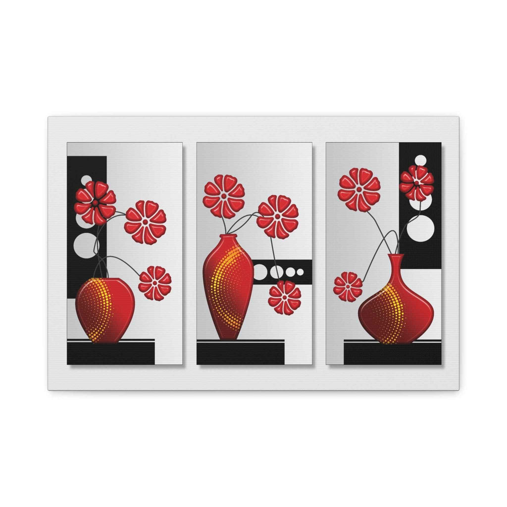 Modern Red Flower Vase Triptych Canvas Wall Art – Floral Wall Decor