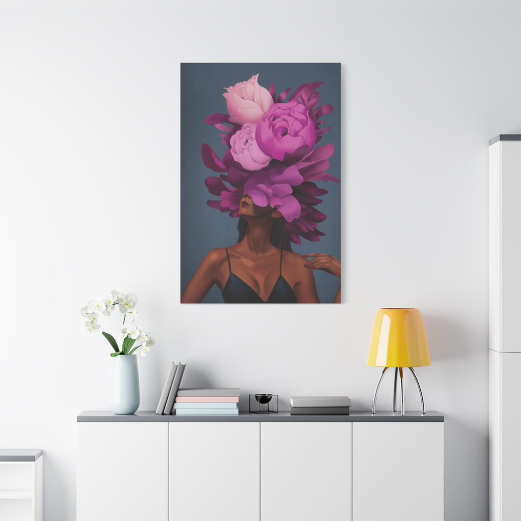 Floral Portrait Canvas Print — Woman with Oversized Pink Peony Hat (Matte Stretched) 