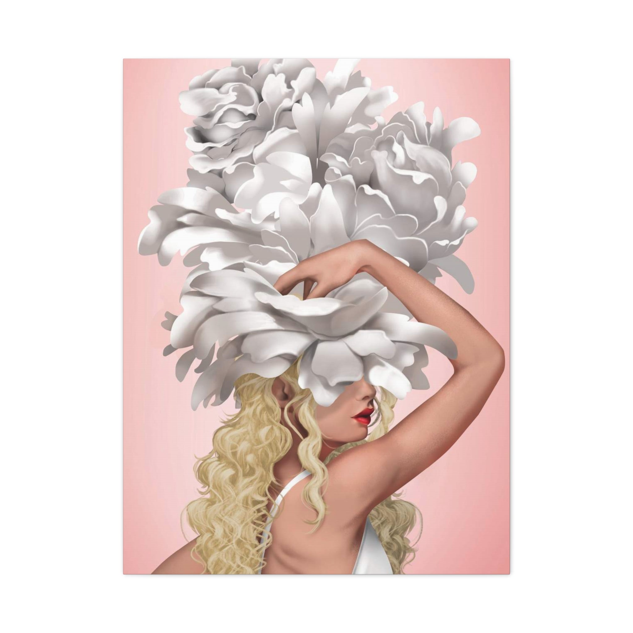 Blushing Muse Floral Canvas Print — Woman with Oversized White Peony Hat