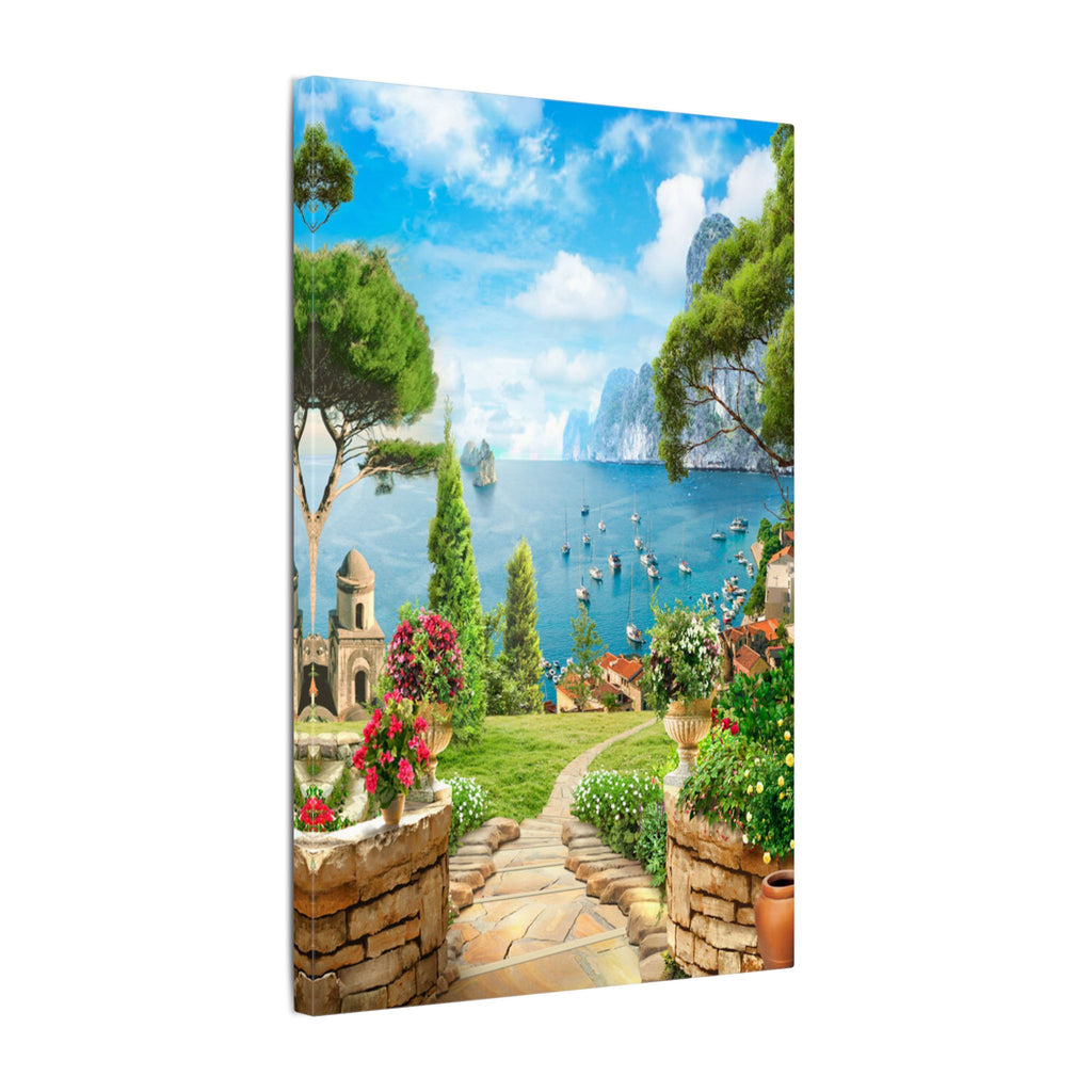 Canvas Wall Art - Mediterranean Seaside Pathway Painting (Matte Stretched Canvas)