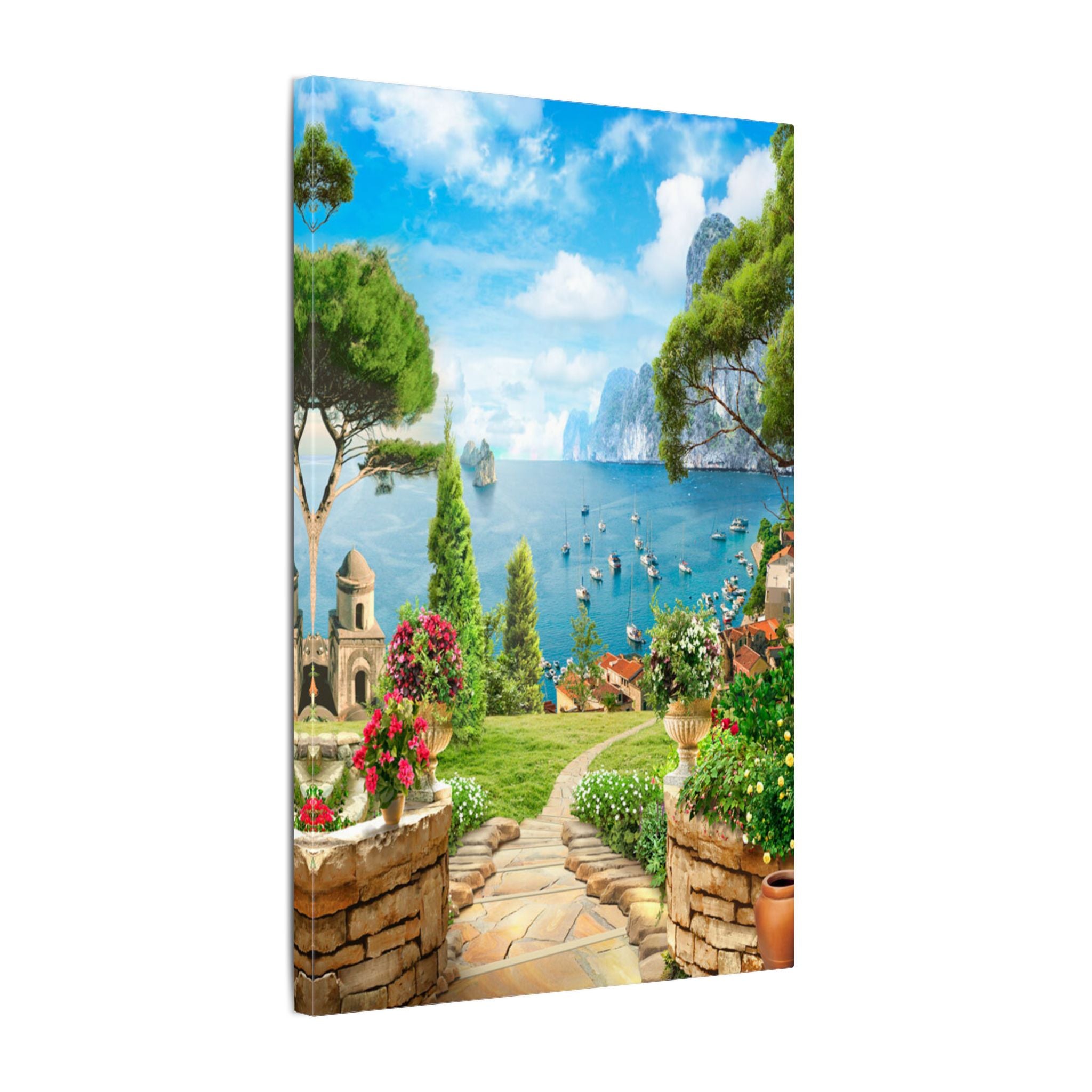 Canvas Wall Art - Mediterranean Seaside Pathway Painting (Matte Stretched Canvas)