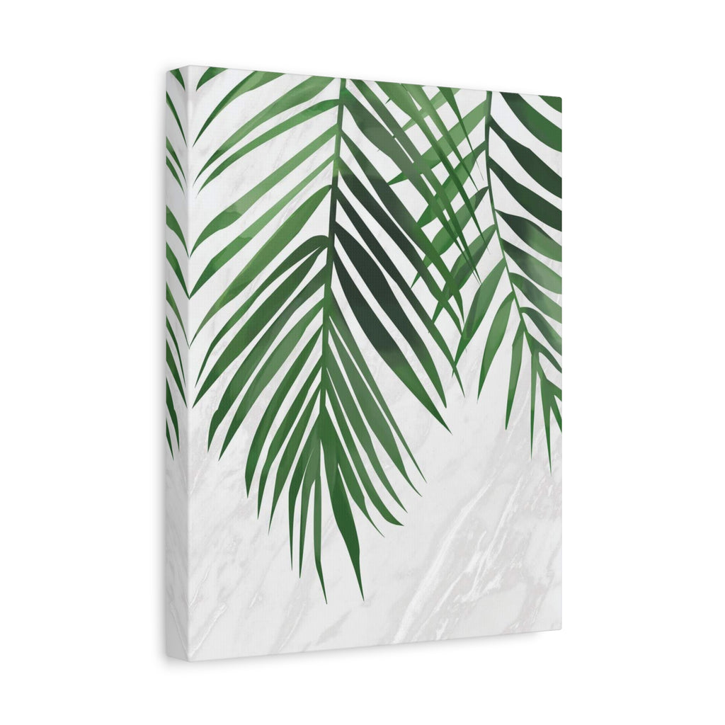 Tropical Palm Leaf Canvas Wall Art — Green Palm Fronds on Marble Matte Canvas 