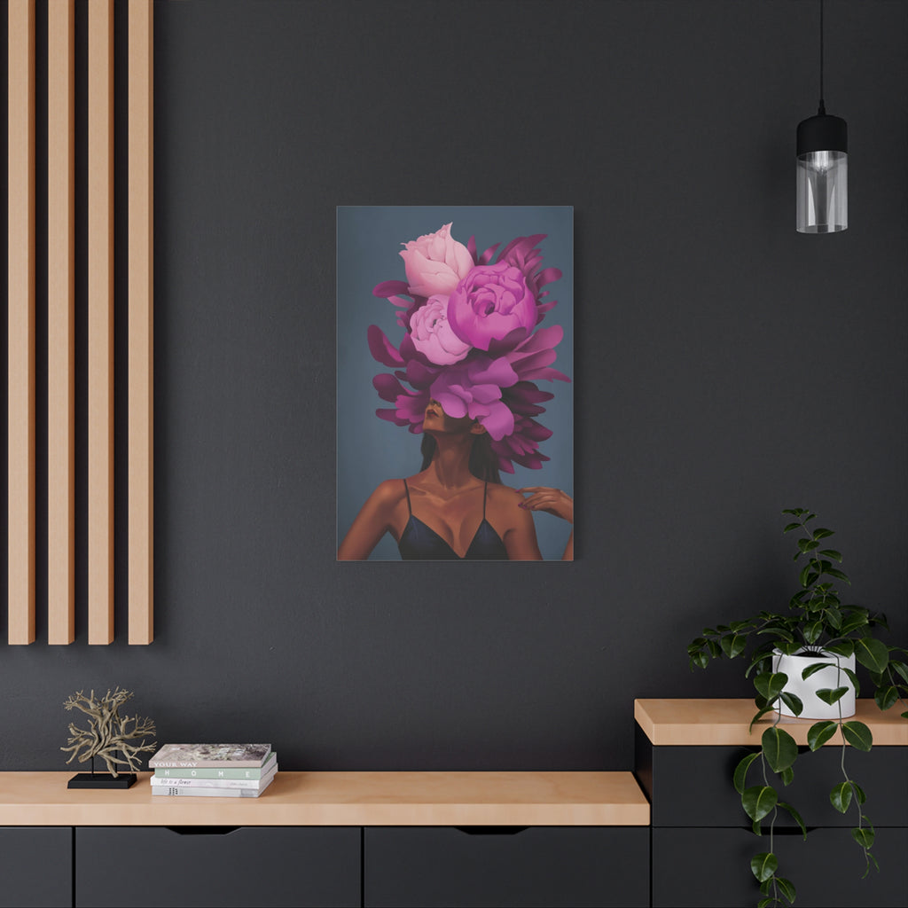 Floral Portrait Canvas Print — Woman with Oversized Pink Peony Hat (Matte Stretched) 