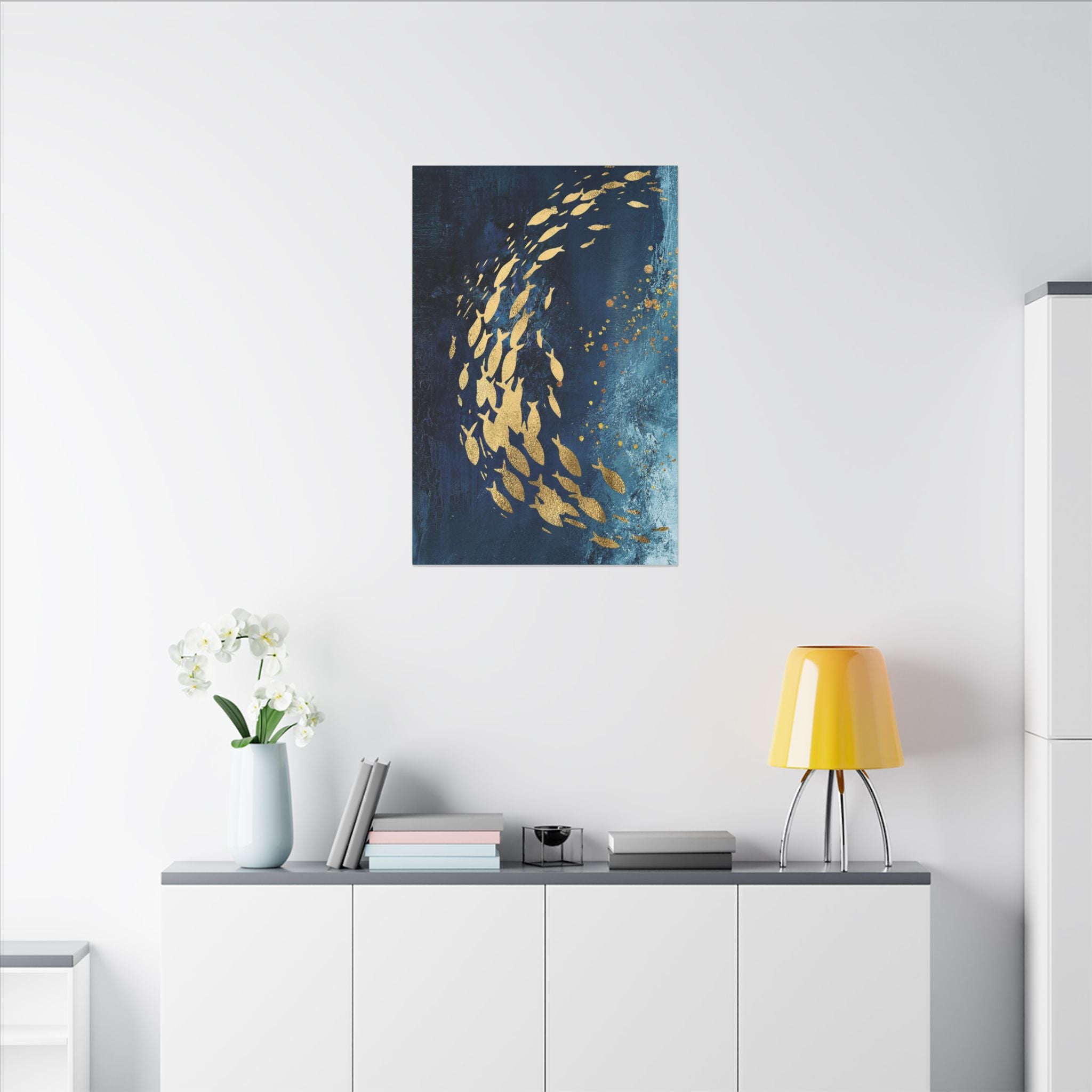 Abstract Gold Fish Canvas — Navy Ocean Wall Art (Matte Stretched)