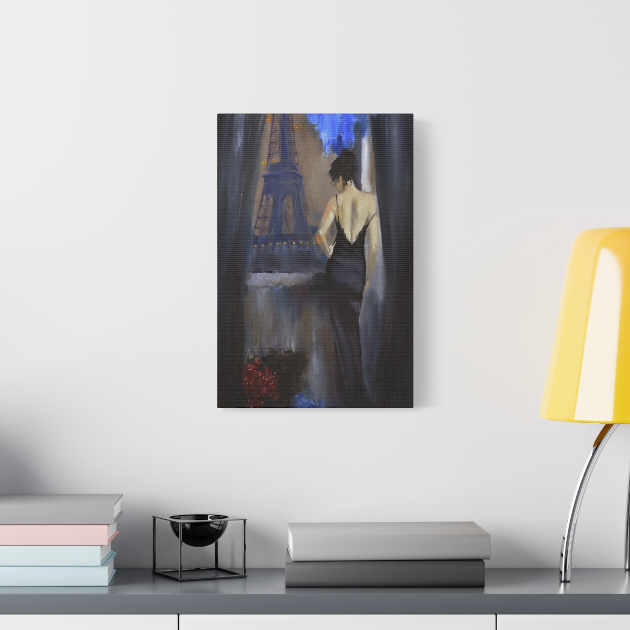 Paris Evening Canvas Wall Art — Woman in Black Dress, Eiffel Tower Stretched Print 