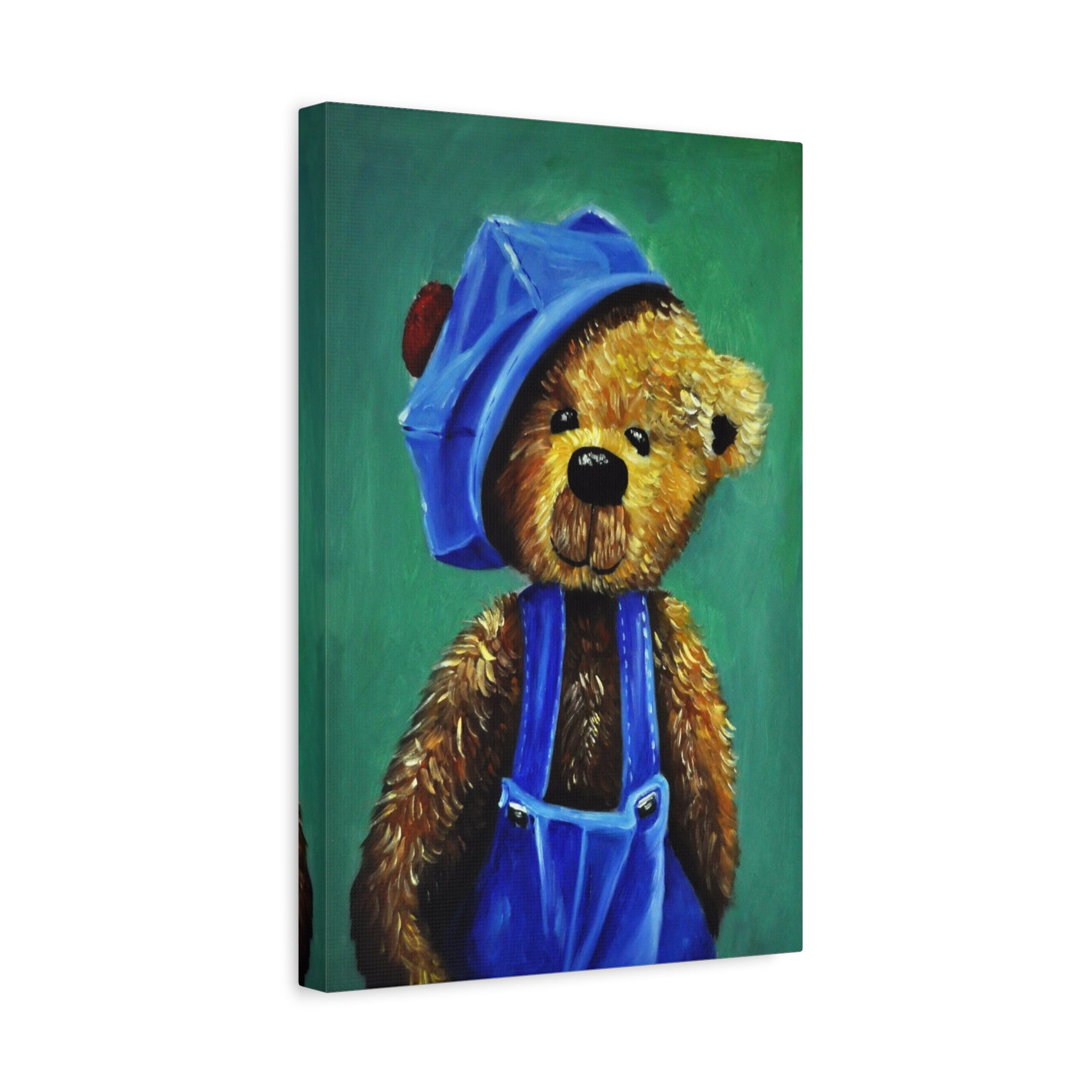 Teddy Bear Canvas Print — Cute Blue Overalls Nursery Wall Art 
