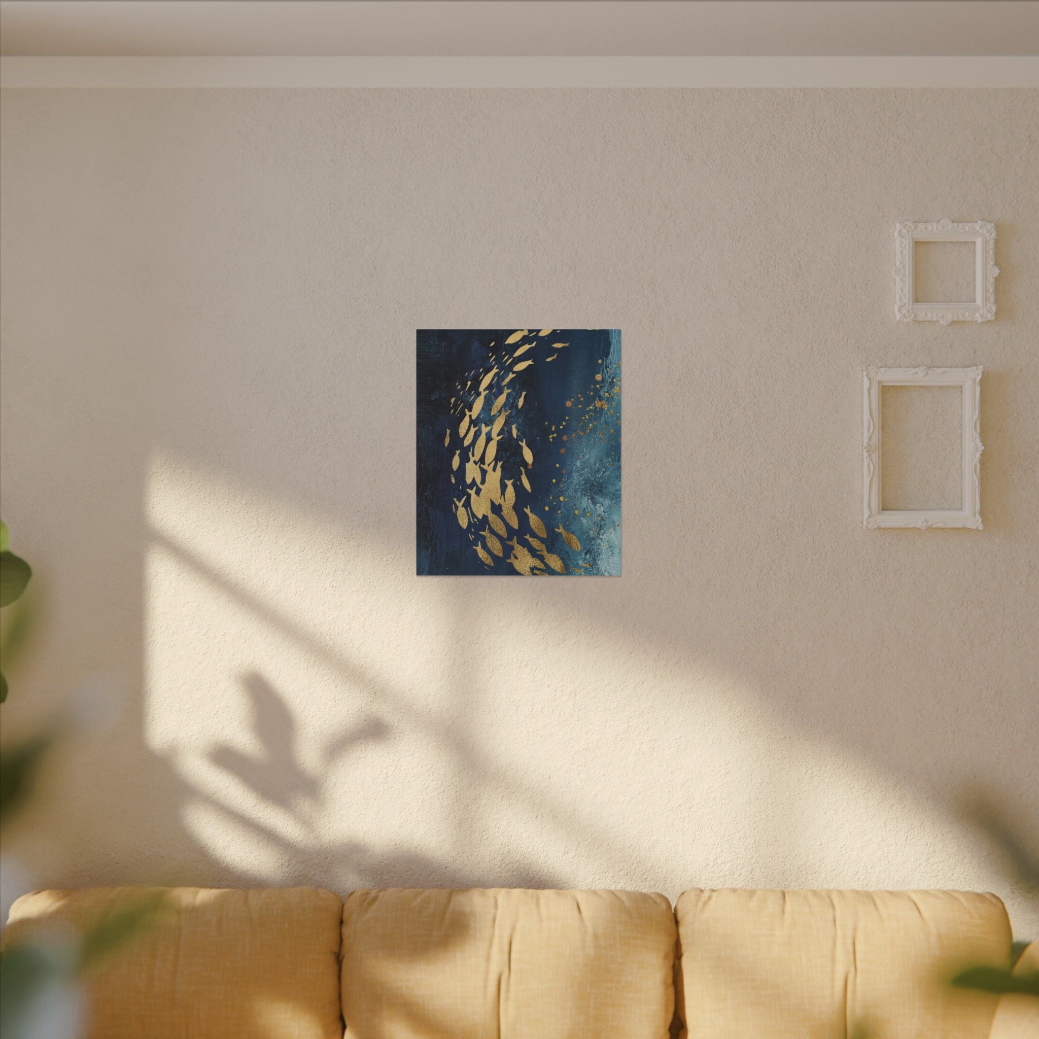 Abstract Gold Fish Canvas — Navy Ocean Wall Art (Matte Stretched)