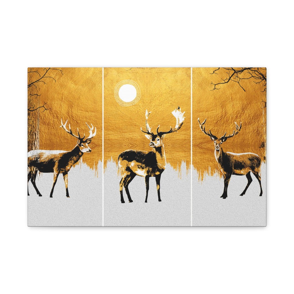 Golden Stag Triptych Canvas Wall Art — Matte Stretched Deer Print
