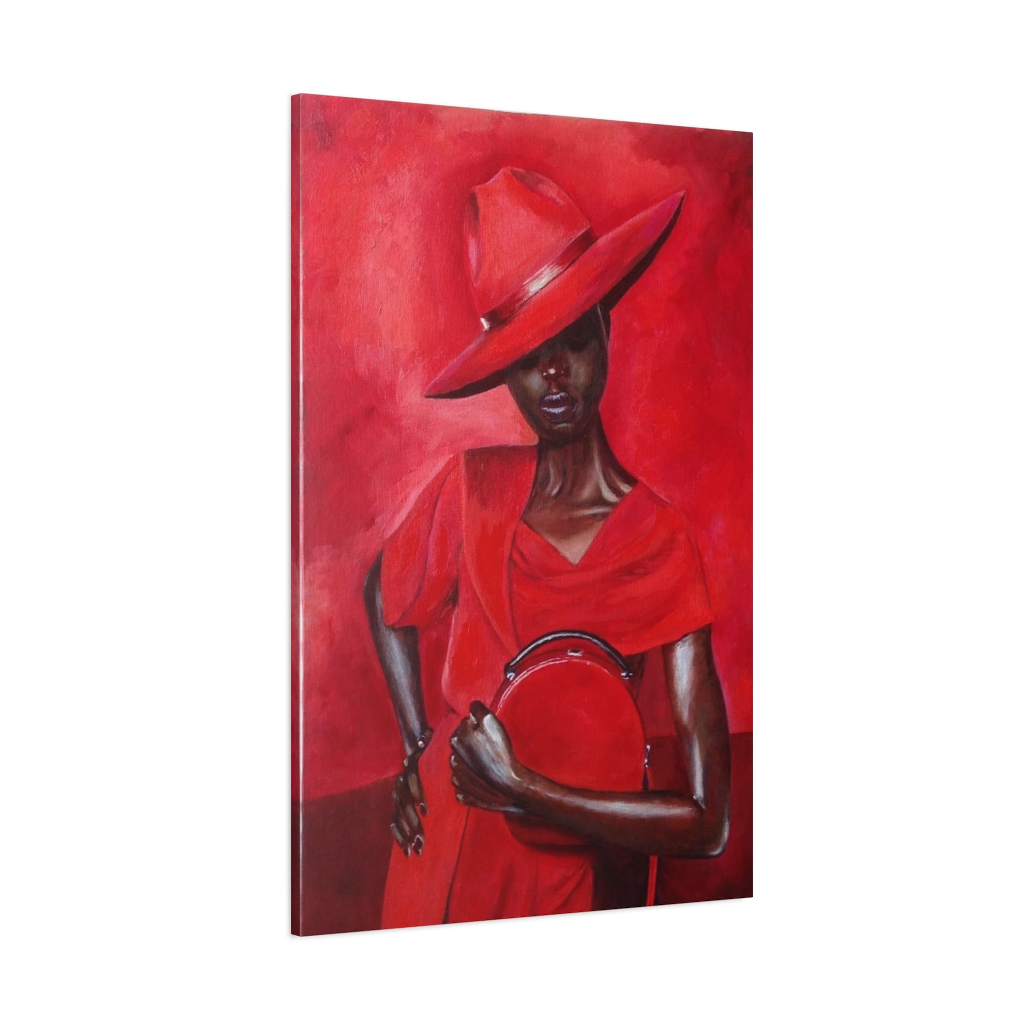 Elegant Red Hat Lady Canvas Print — Fashion Portrait Matte Stretched Wall Art 