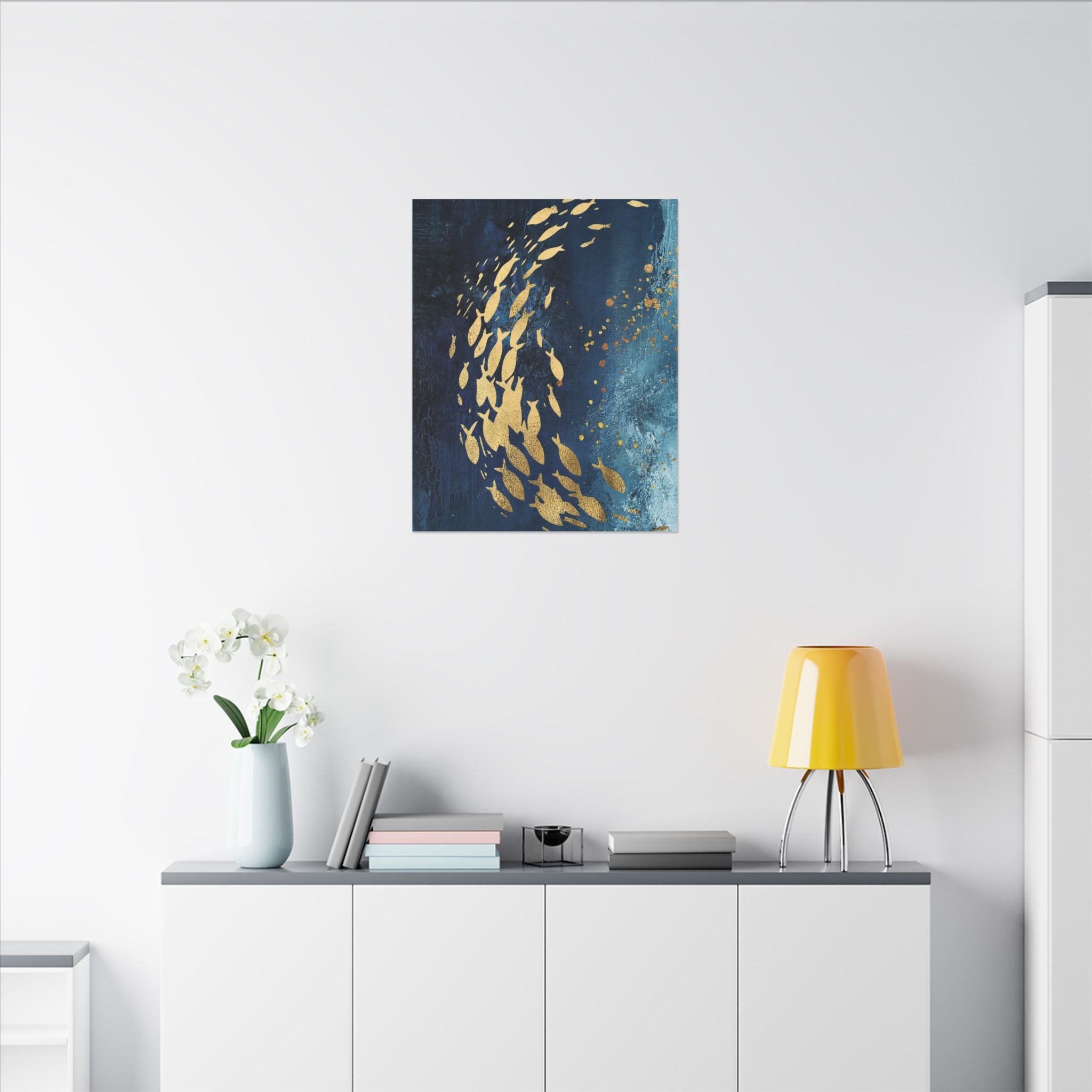 Abstract Gold Fish Canvas — Navy Ocean Wall Art (Matte Stretched)