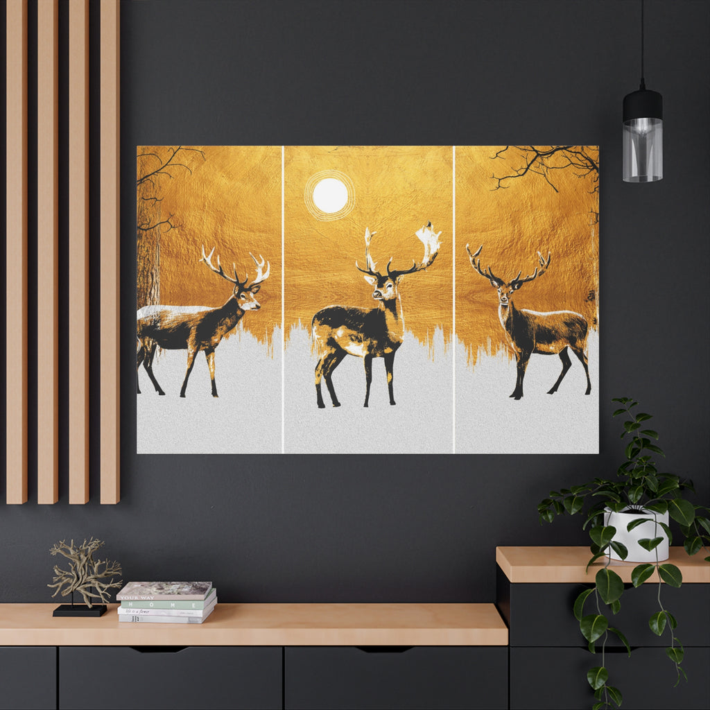 Golden Stag Triptych Canvas Wall Art — Matte Stretched Deer Print