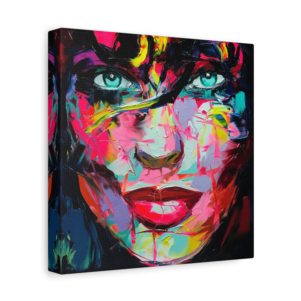 Colorful Abstract Portrait Canvas Print — Neon Female Face Matte Stretched Wall Art