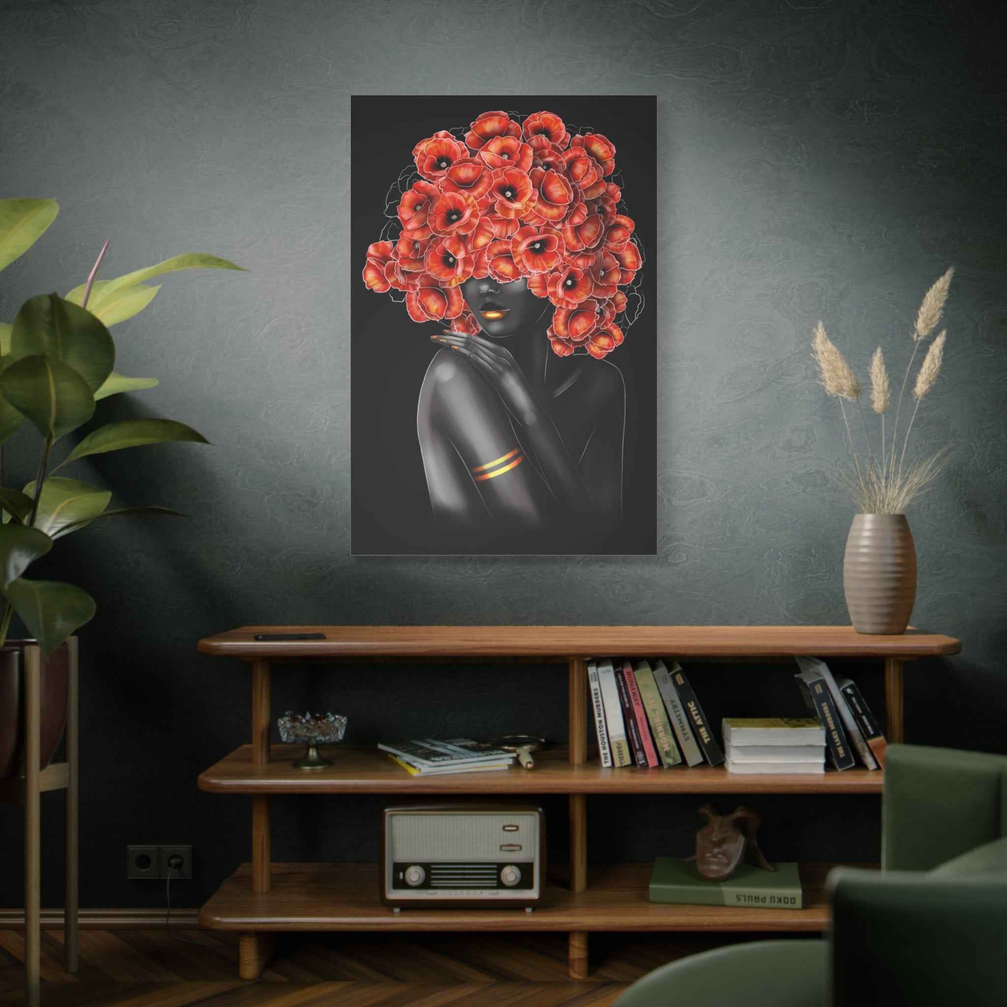 Red Floral Woman Wall Art, Abstract Black Woman Portrait