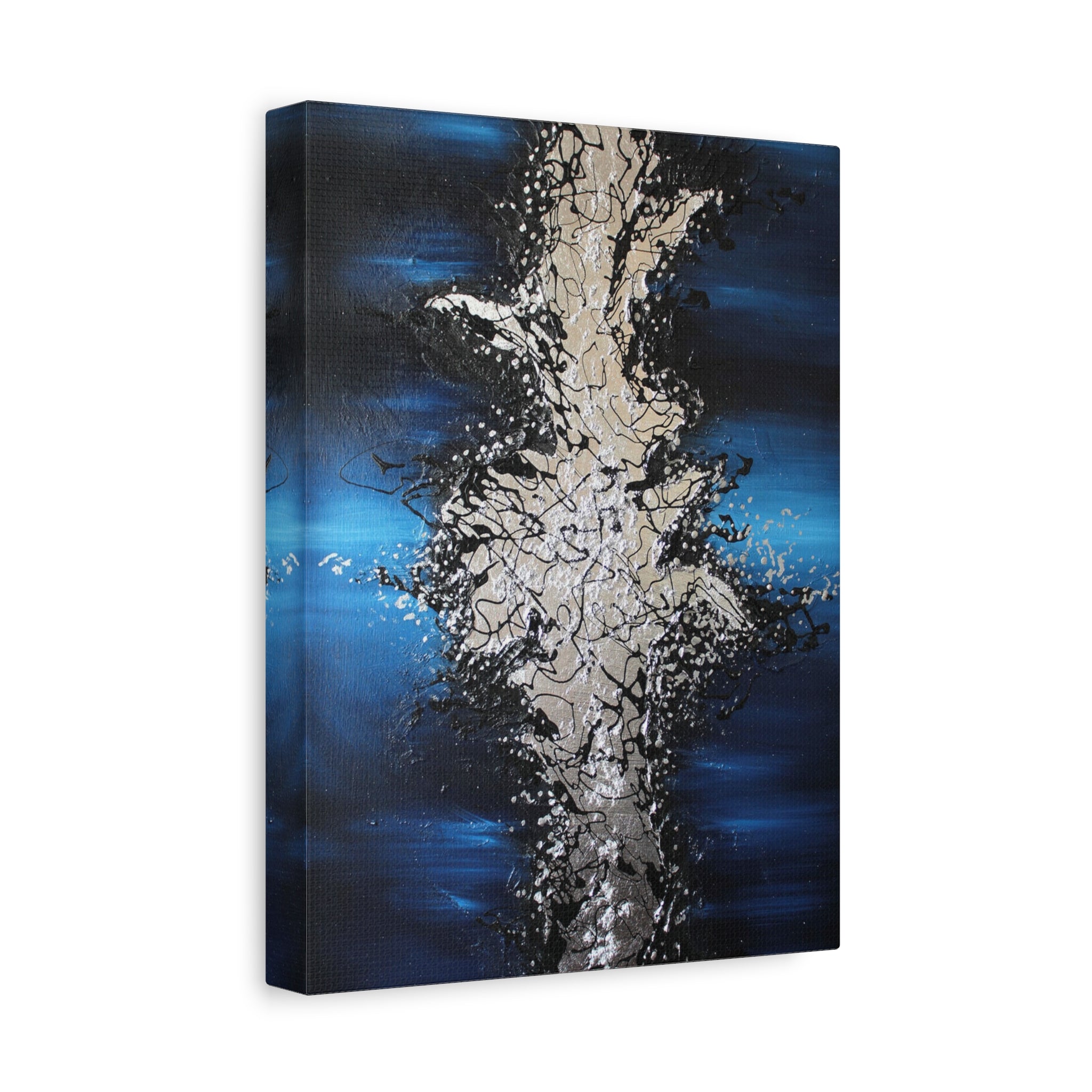 Abstract Oceanic Burst Canvas Print — Blue & Silver Matte Stretched Wall Art 