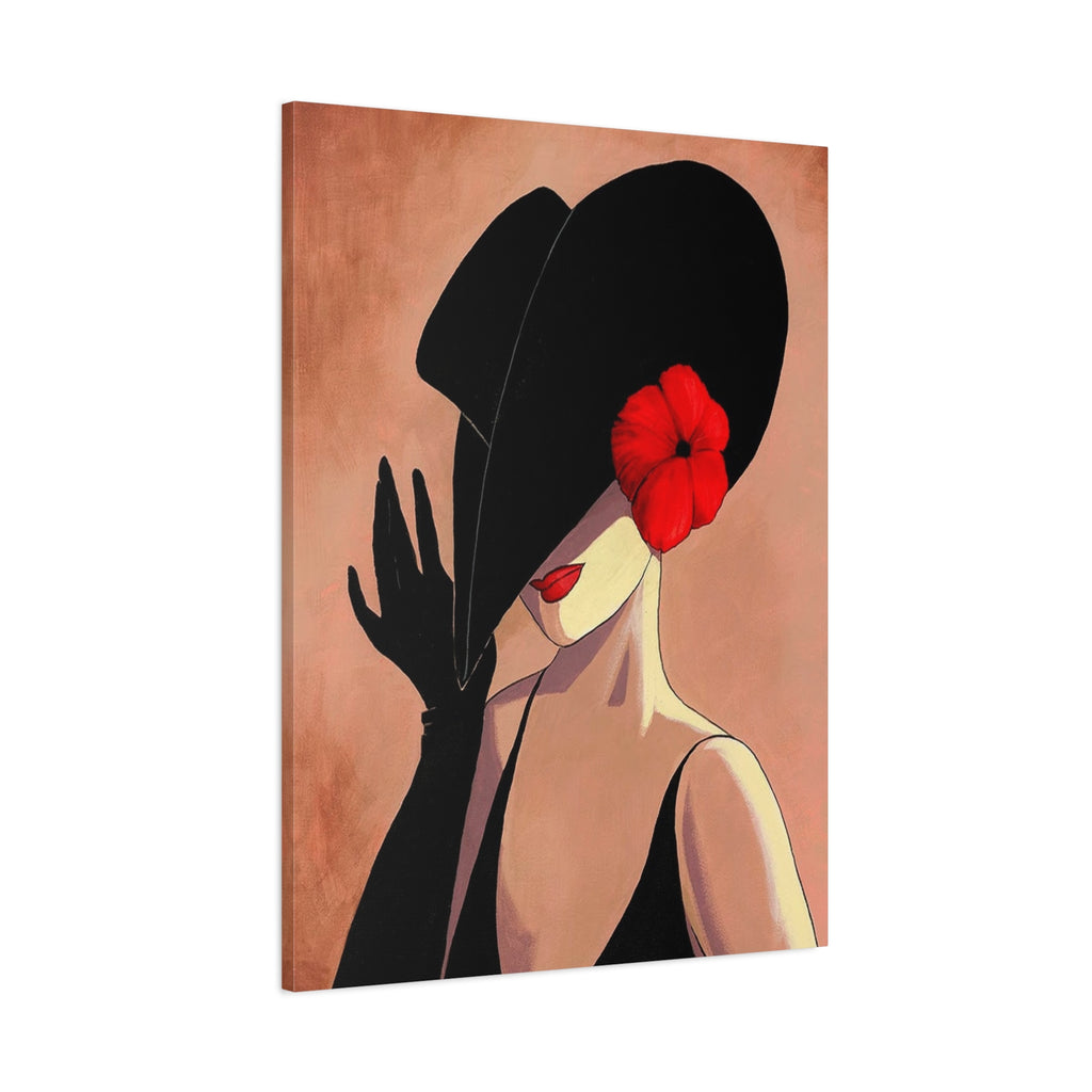 Elegant Lady with Black Hat Canvas Art — Red Flower Portrait 
