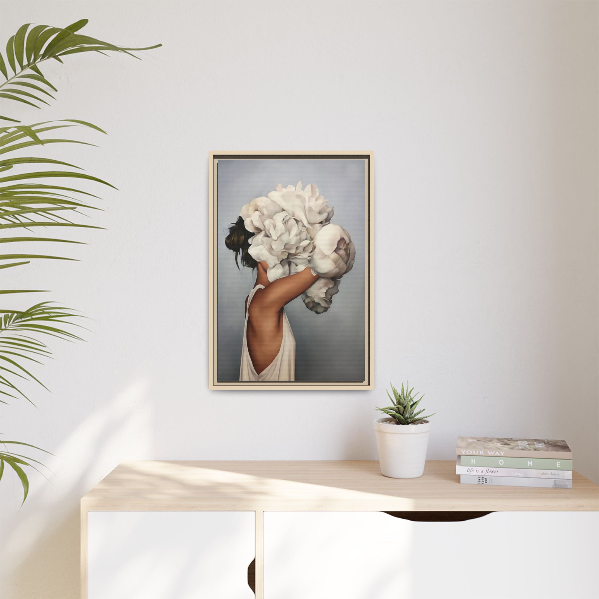Framed Matte Canvas Art — Woman with Oversized White Peonies (Neutral Floral Wall Decor) 