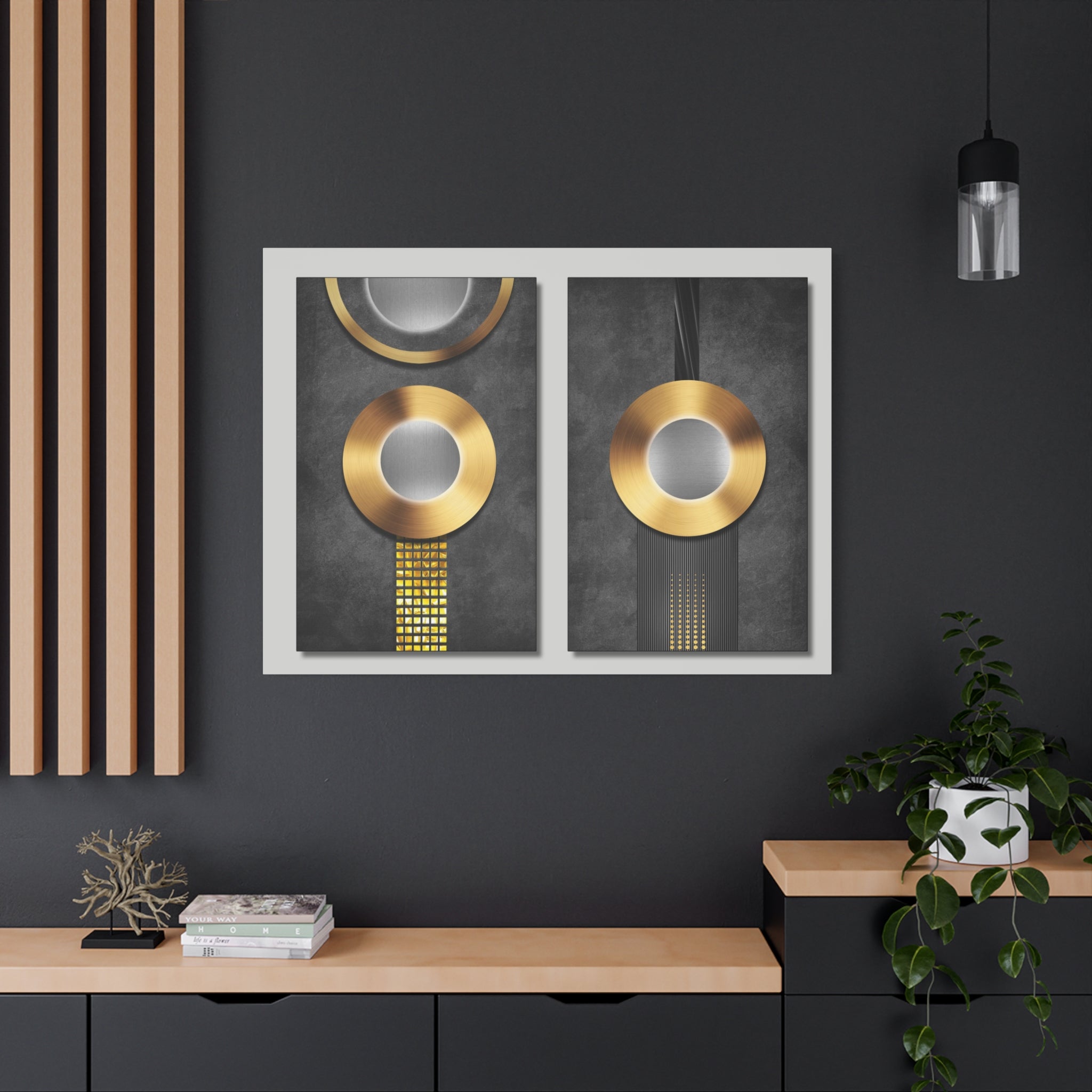 Modern Gold Circles Abstract Canvas Wall Art — Matte Stretched Diptych
