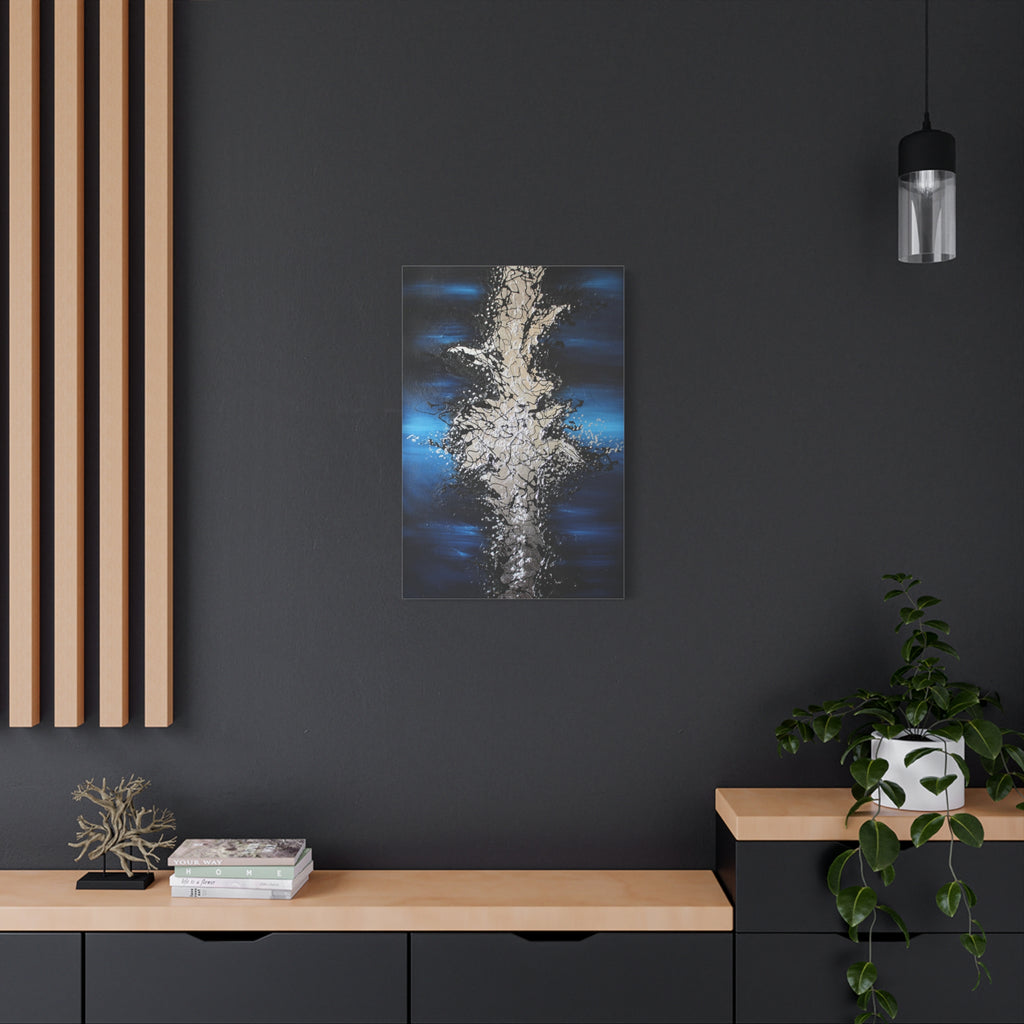 Abstract Oceanic Burst Canvas Print — Blue & Silver Matte Stretched Wall Art