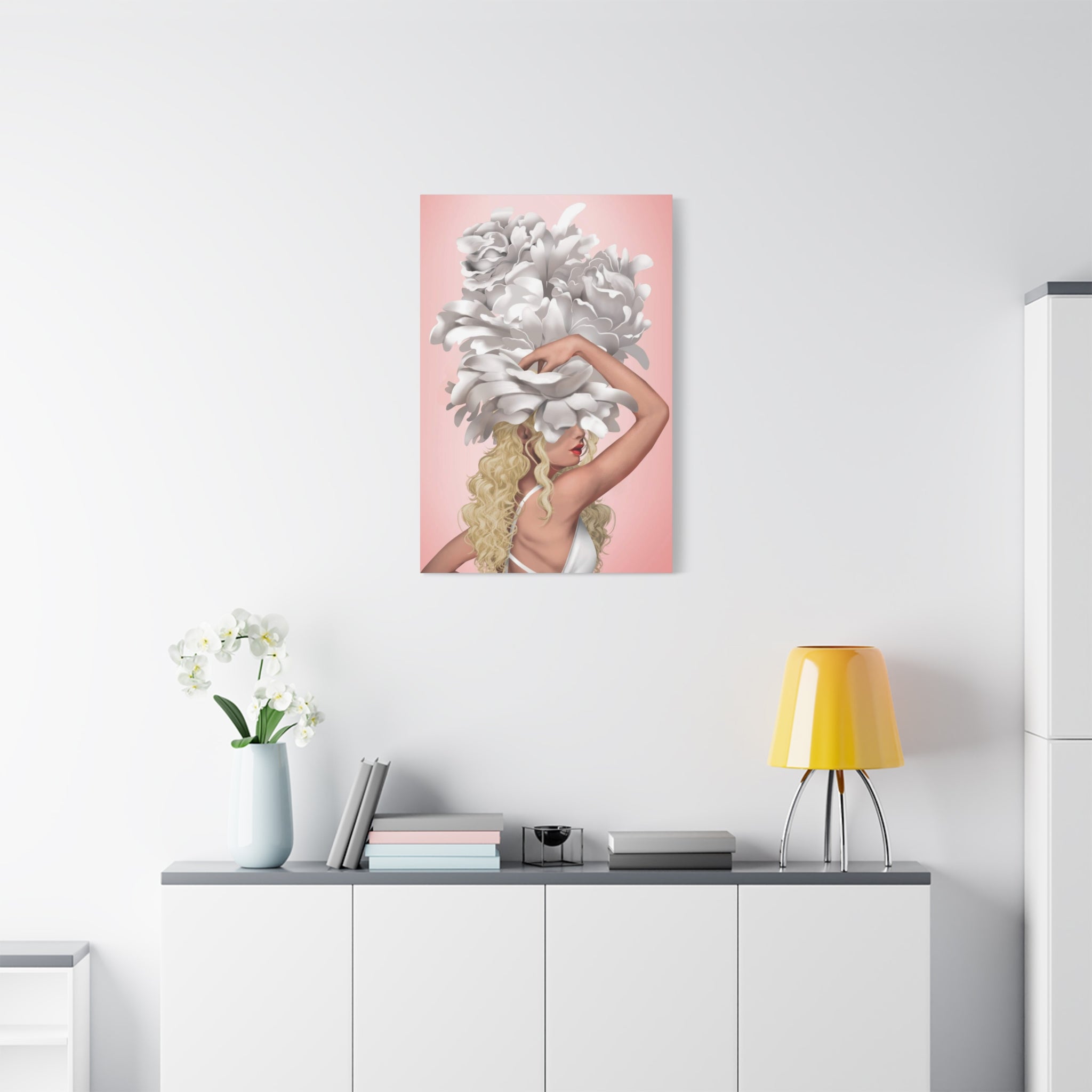 Blushing Muse Floral Canvas Print — Woman with Oversized White Peony Hat