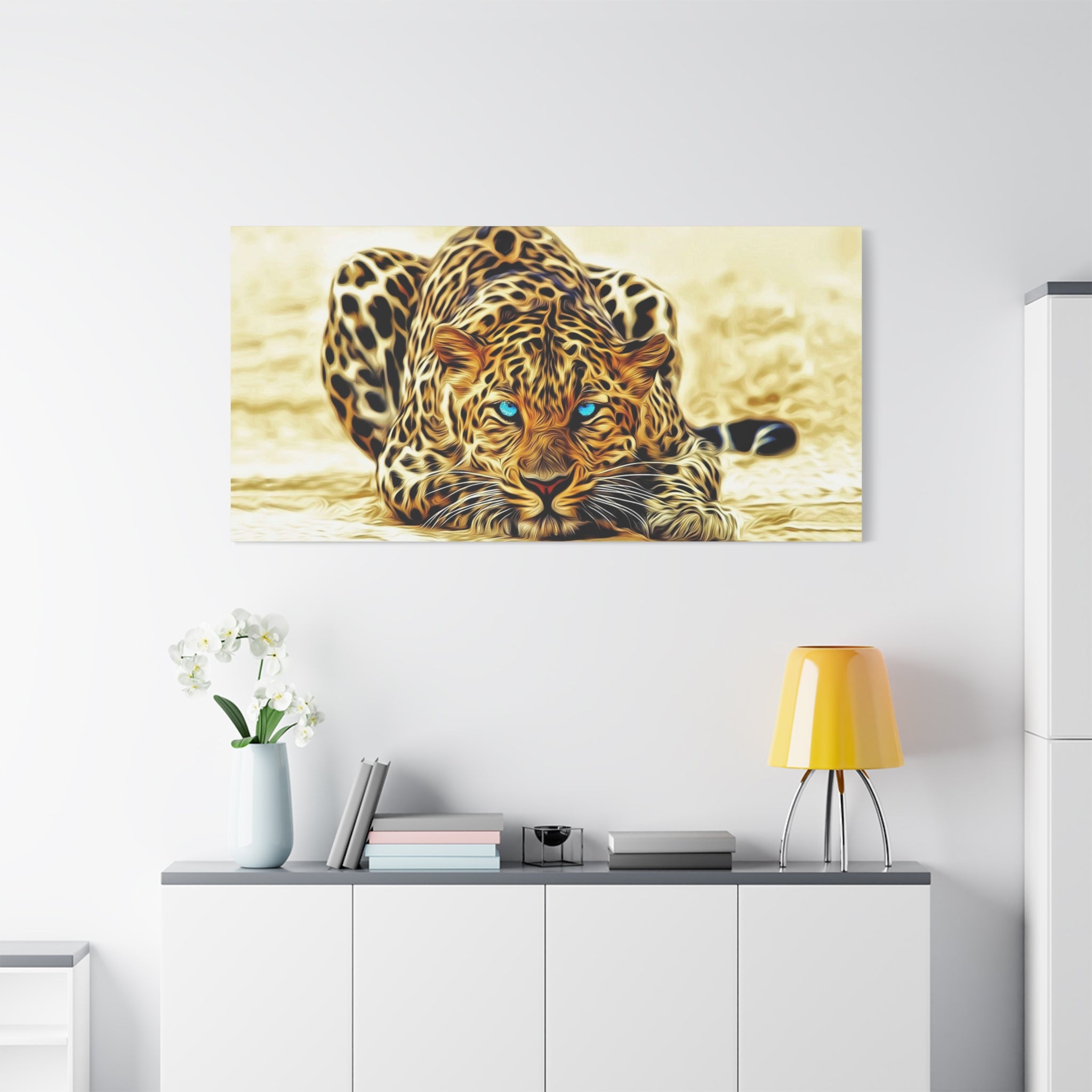 Leopard with Blue Eyes Matte Stretched Canvas Print — Wildlife Wall Art 