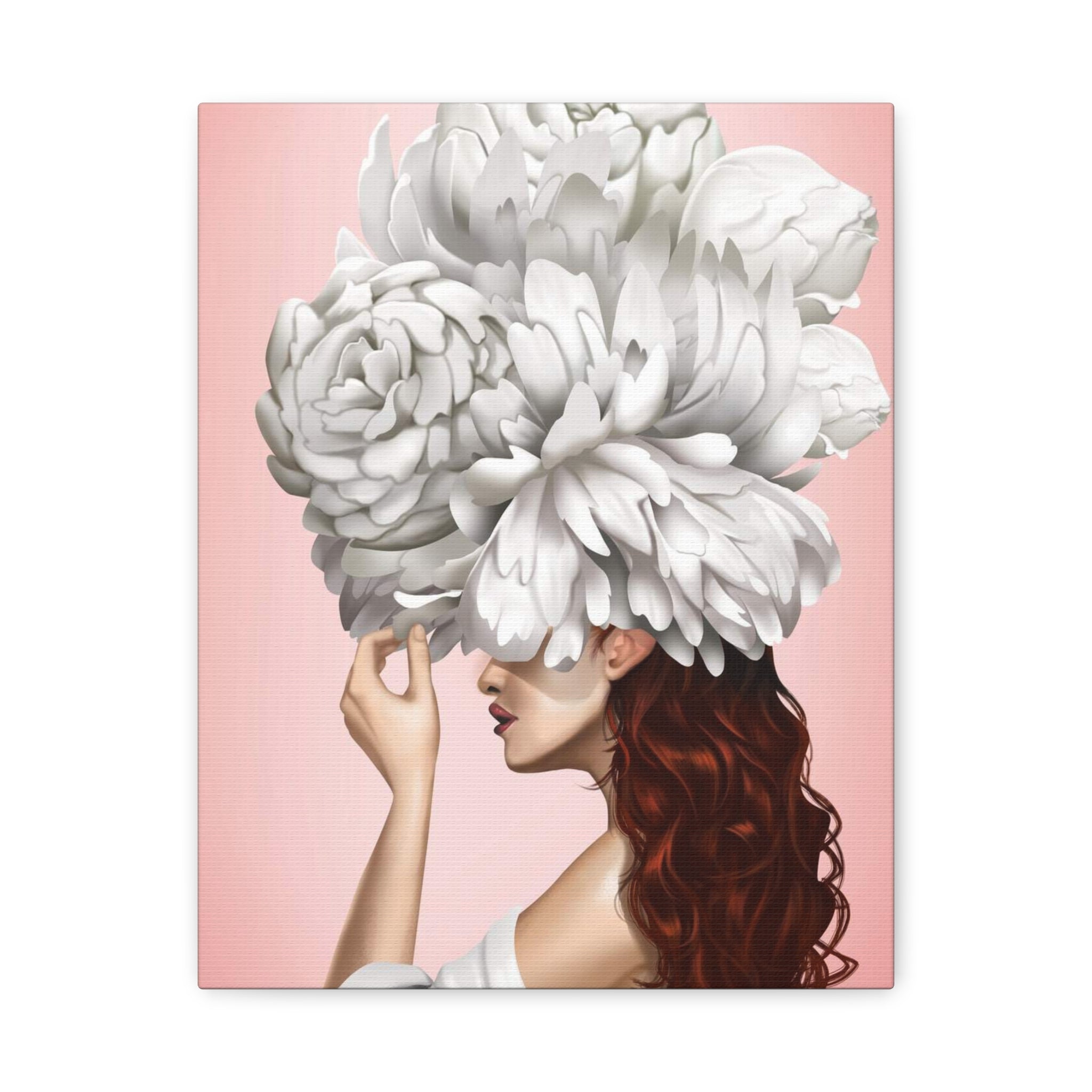 Floral Headdress Art Canvas — Pink Portrait Matte Stretched Wall Art 
