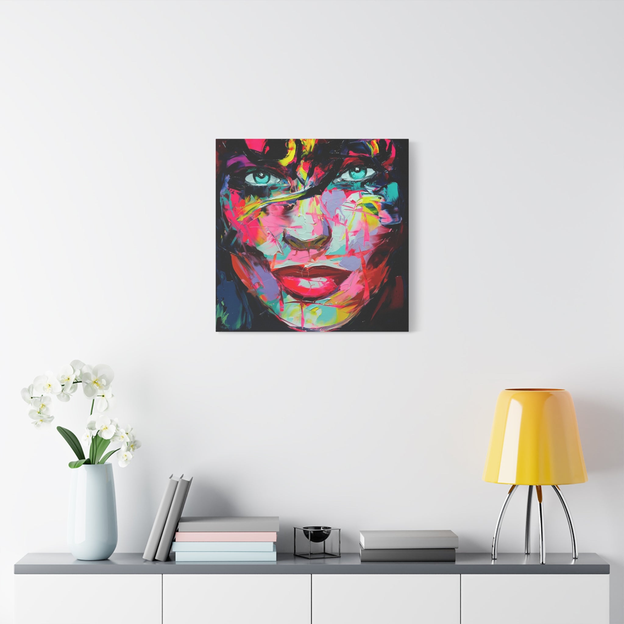 Colorful Abstract Portrait Canvas Print — Neon Female Face Matte Stretched Wall Art