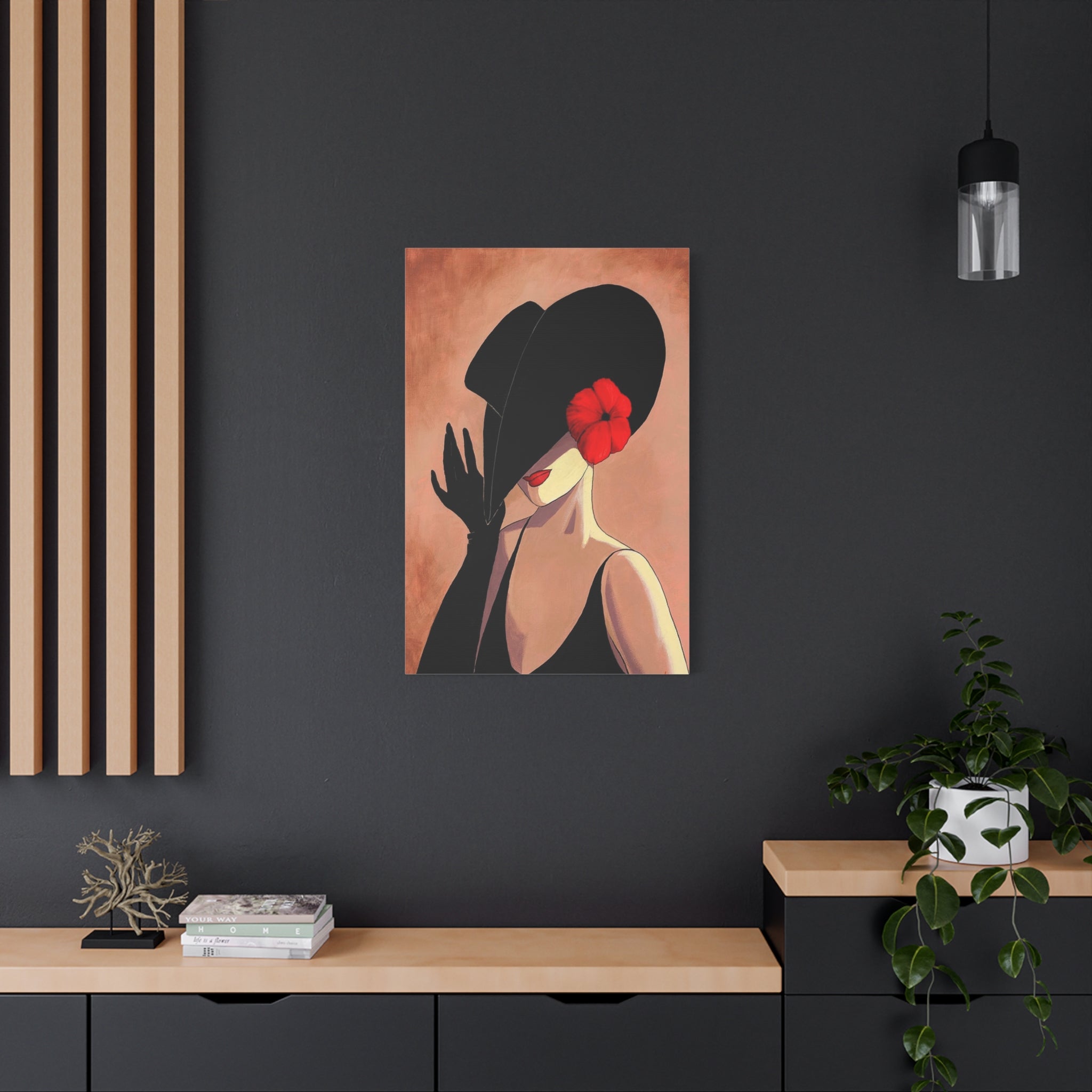 Elegant Lady with Black Hat Canvas Art — Red Flower Portrait 