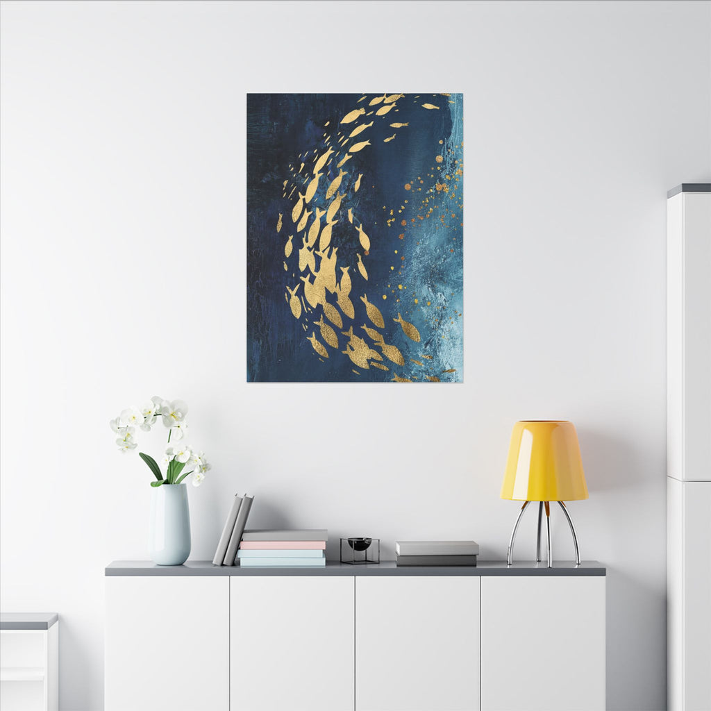 Abstract Gold Fish Canvas — Navy Ocean Wall Art (Matte Stretched)