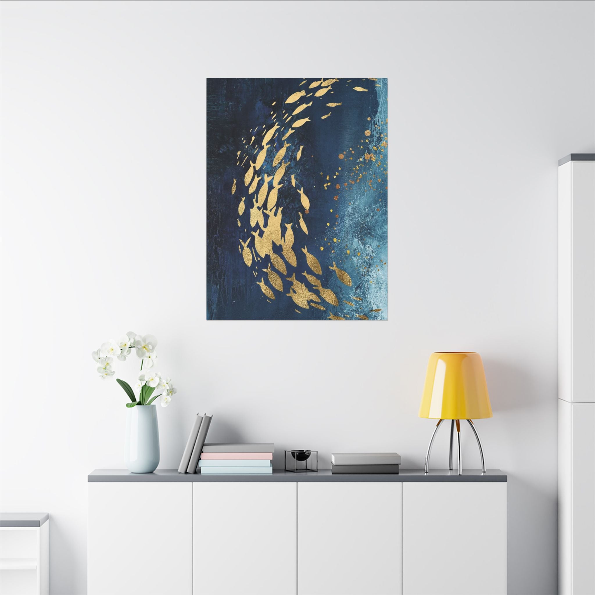 Abstract Gold Fish Canvas — Navy Ocean Wall Art (Matte Stretched)
