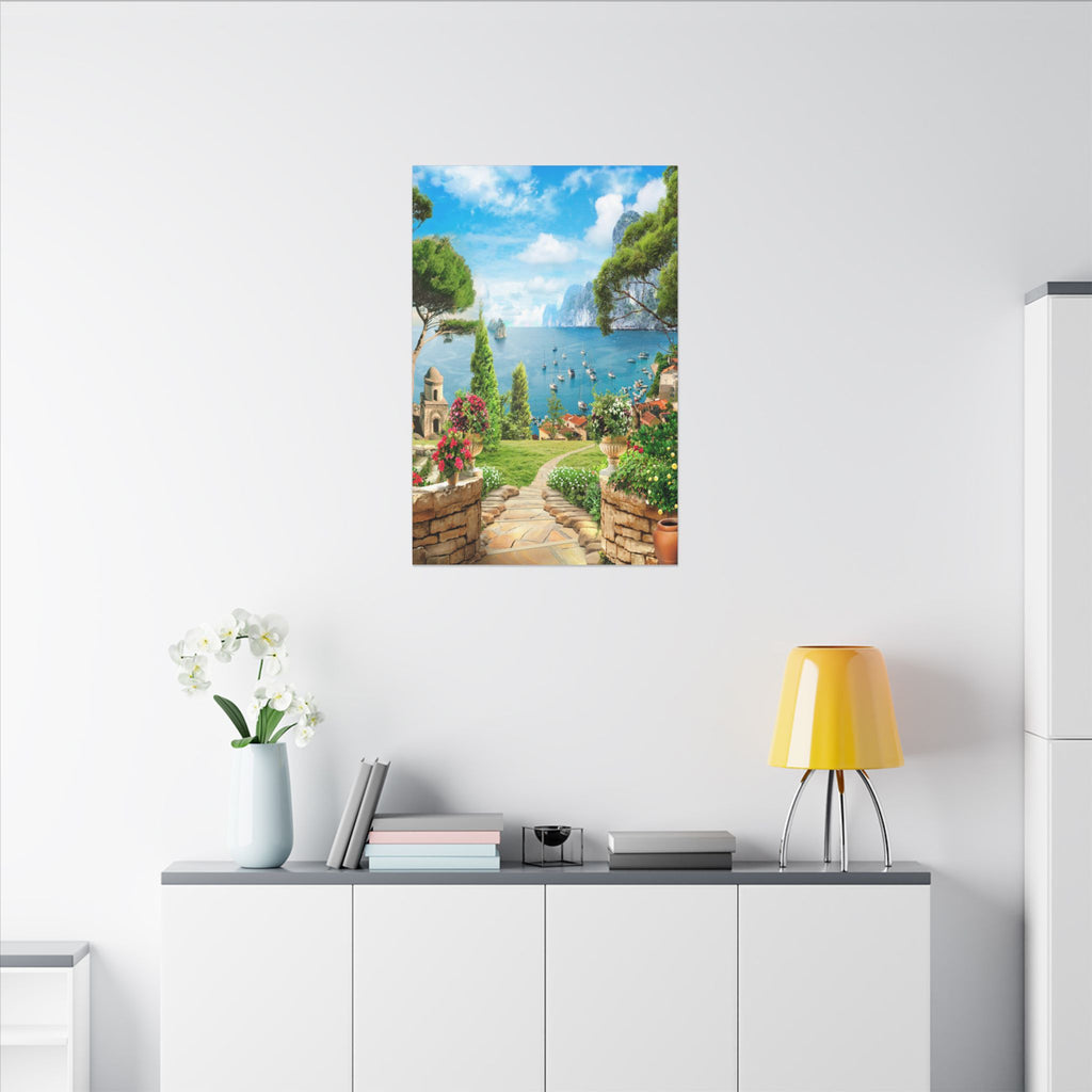 Canvas Wall Art - Mediterranean Seaside Pathway Painting (Matte Stretched Canvas)