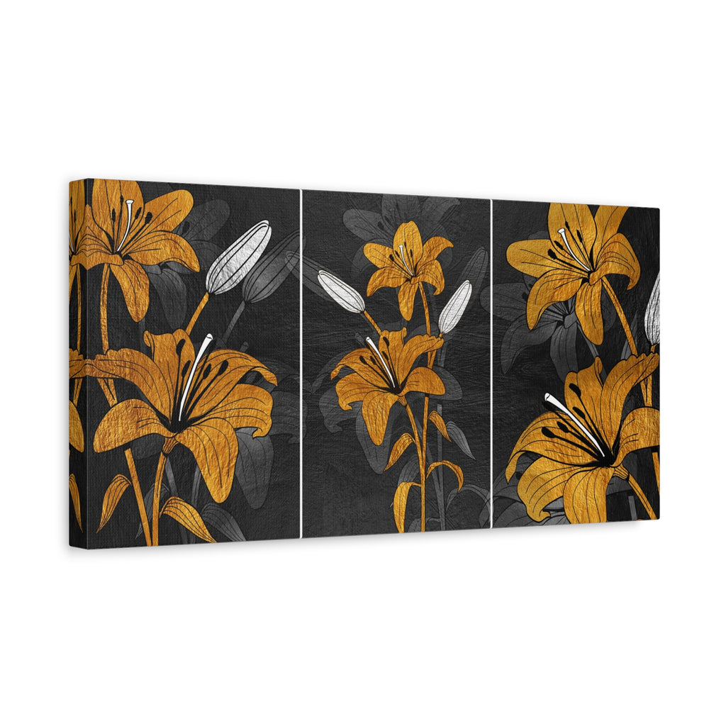 Lily Triptych Canvas Art - Golden Floral Stretched Matte Wall Decor - TheKaraHan