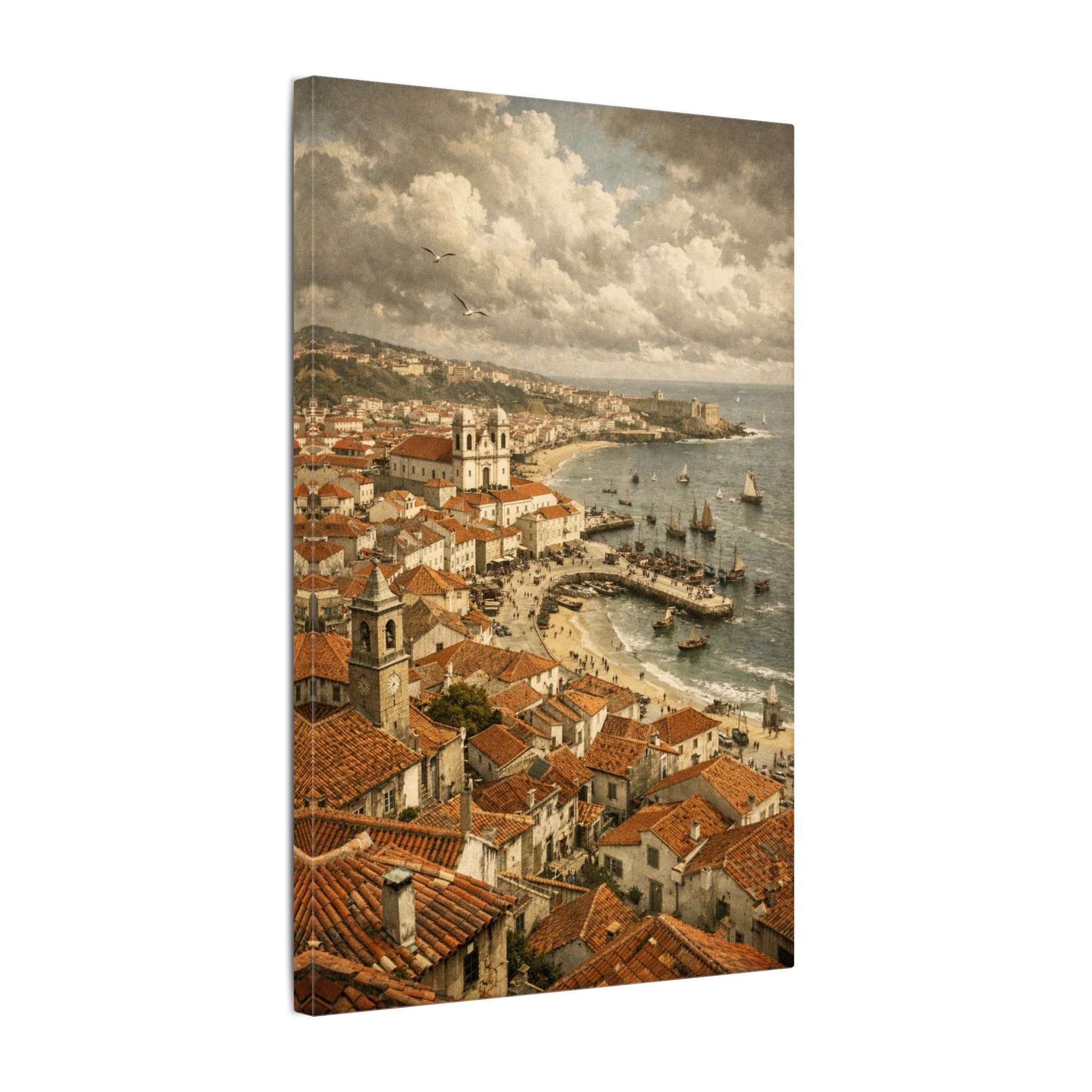 Coastal Mediterranean Canvas Print — Vintage Seaside Town Wall Art 
